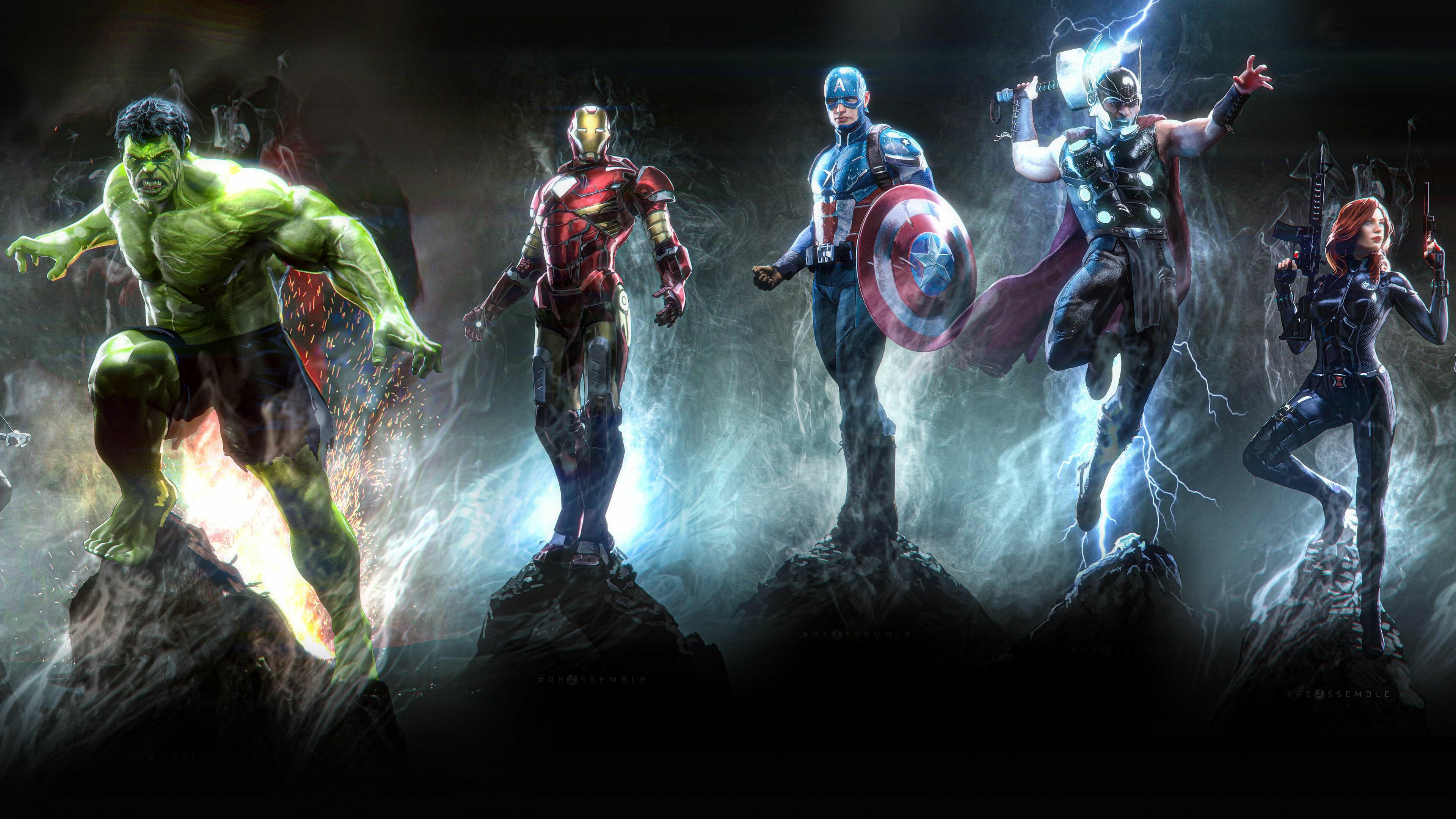 Avengers: A team of superheroes and the protagonists of the Marvel Cinematic Universe media franchise, based on the Marvel Comics team of the same name created by Stan Lee and Jack Kirby in 1963. 3840x2160 4K Wallpaper.