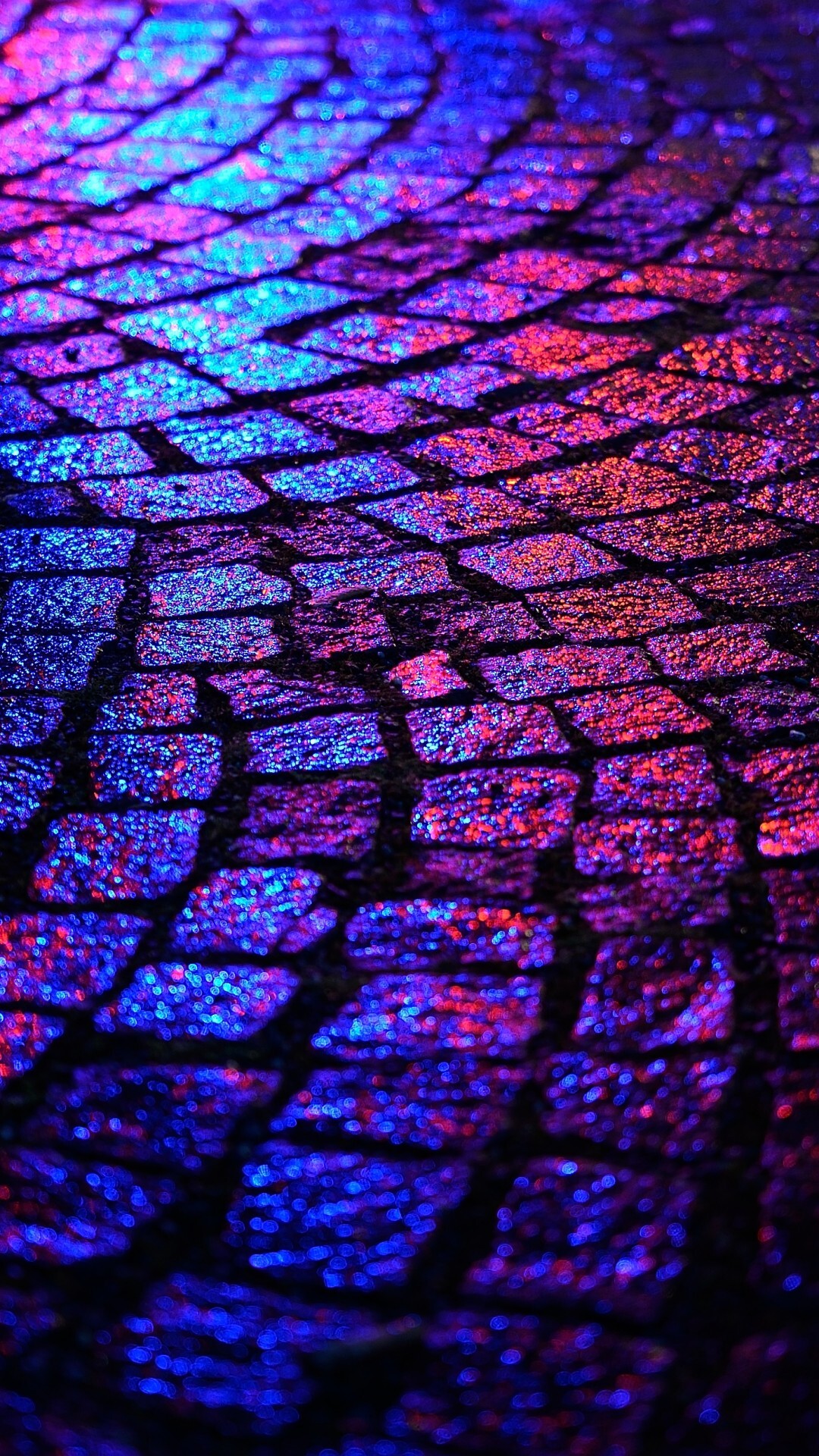 Glow in the Dark: Neon bricks, Glowing shades, Wet pave-way. 1080x1920 Full HD Wallpaper.