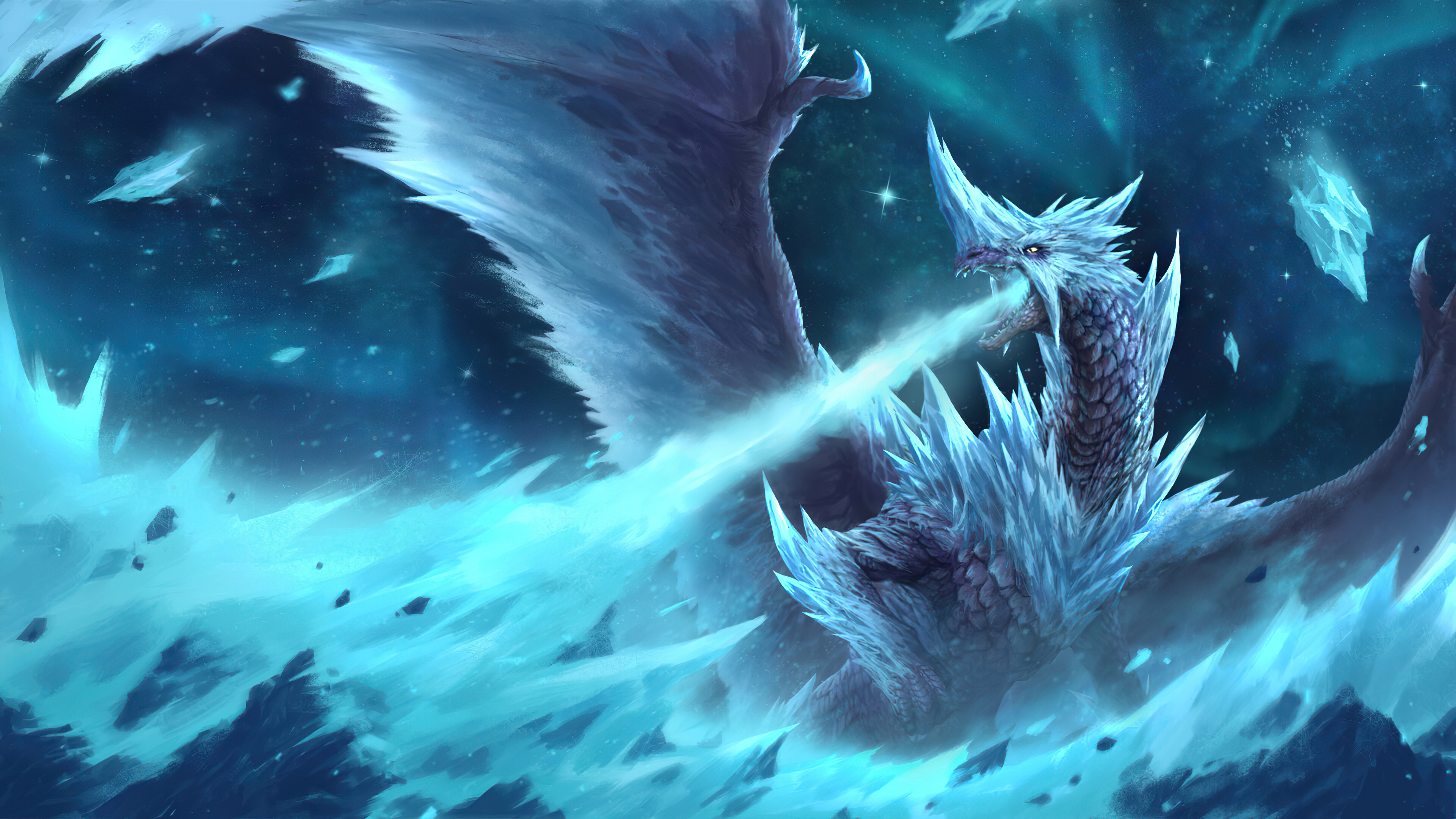 Dragon: Velkhana, Iceborne Wyvern, Can control the cold, and use its freezing breath. 3840x2160 4K Wallpaper.