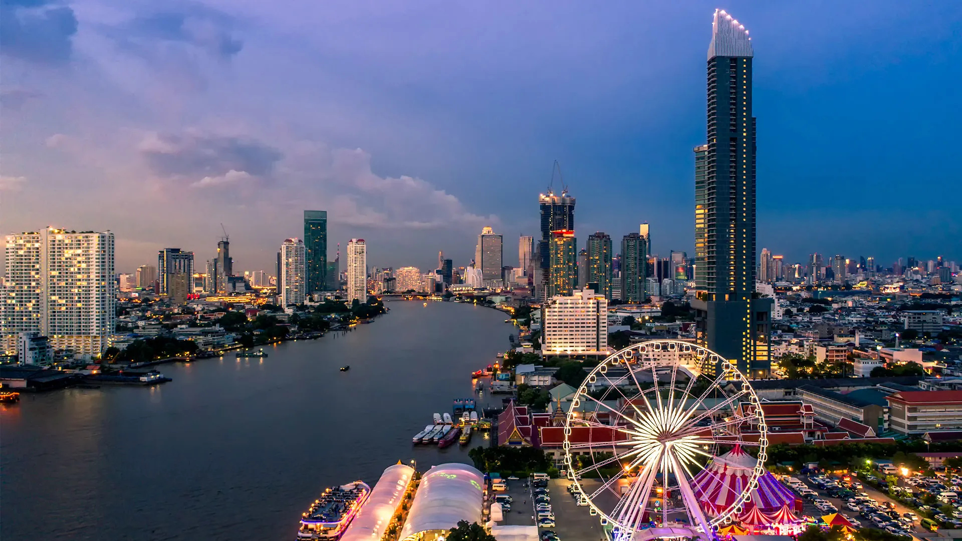 Bangkok: Asiatique: The Riverfront, Ferris wheel. 1920x1080 Full HD Wallpaper.