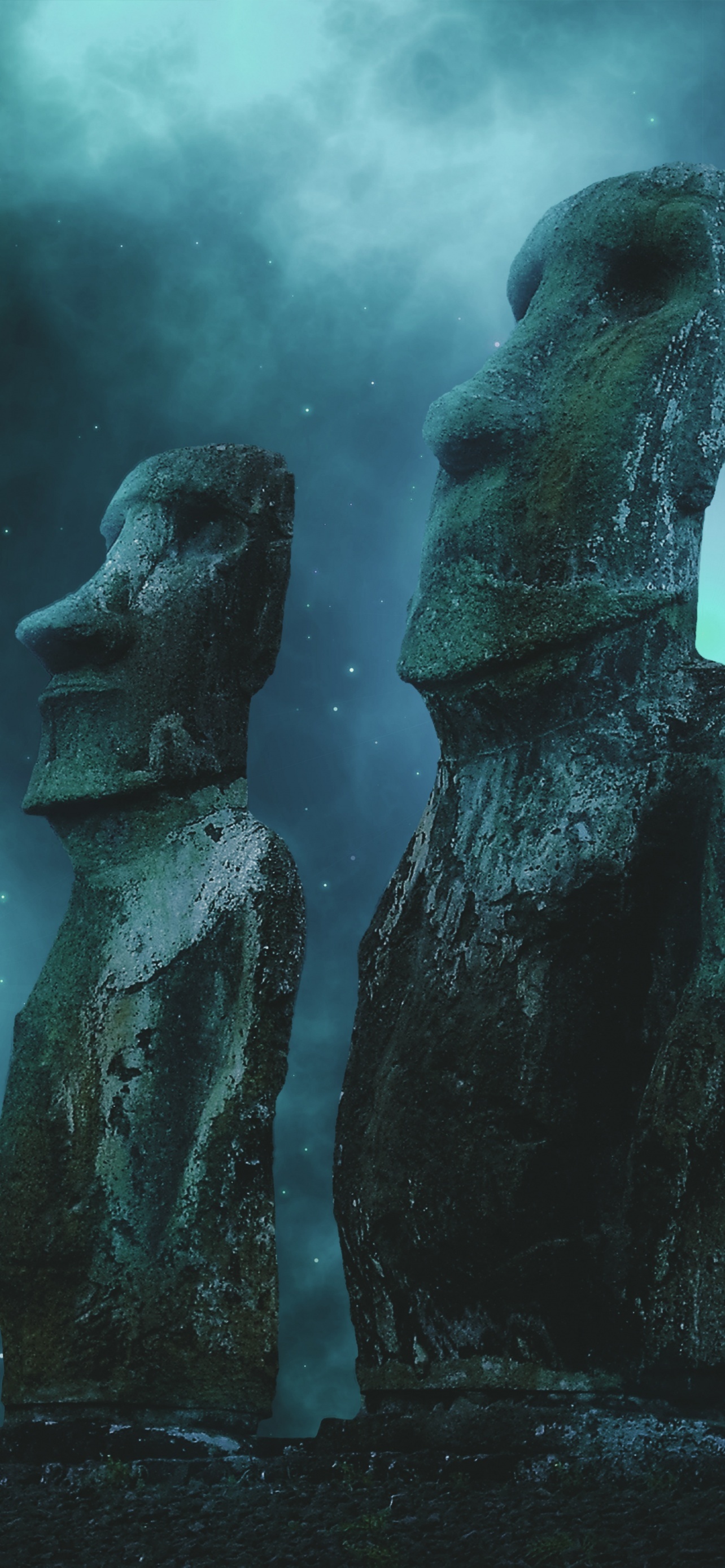 Easter Island, Moai statues under moonlight, Celestial beauty, Night sky spectacle, 1290x2780 HD Phone