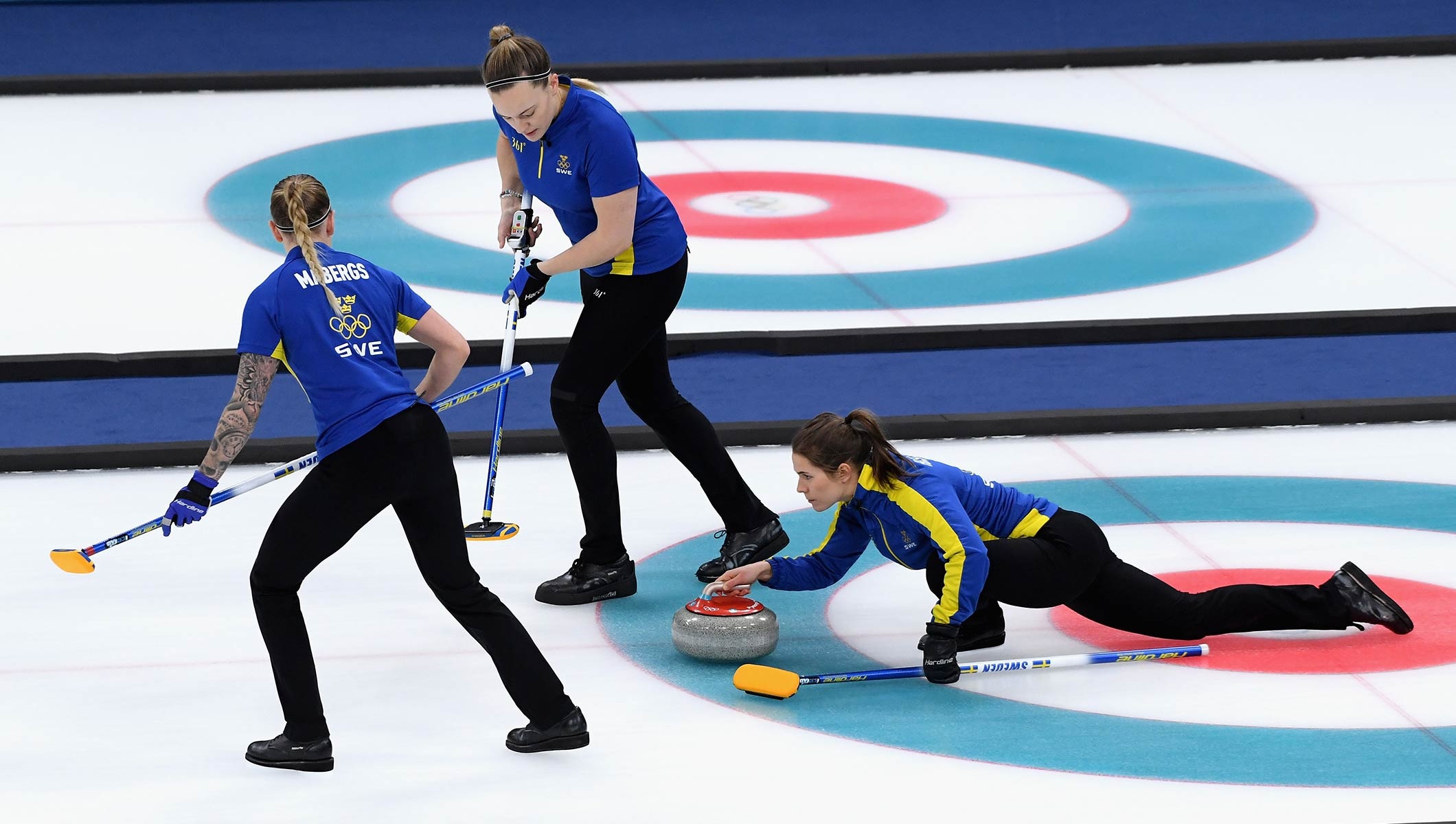 Curling: Sofia Mabergs, Anna Hasselborg, Agnes Knochenhauer, The 2018 Winter Olympics gold medalists. 2120x1200 HD Wallpaper.