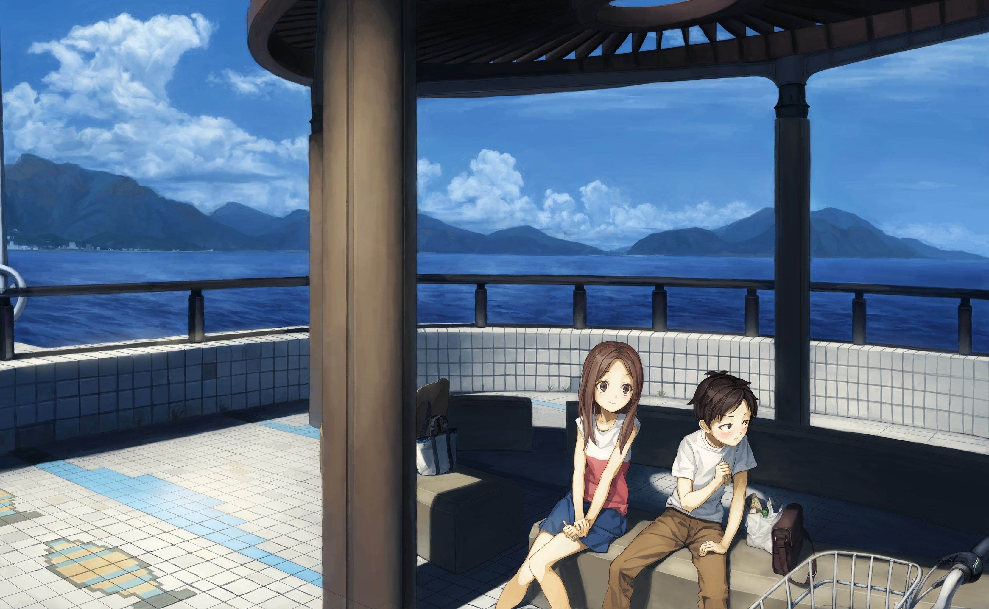 Takagi Nishikata, Anime wallpaper, Ocean landscape, Karakai jouzu no Takagi-san, 3330x2050 HD Desktop