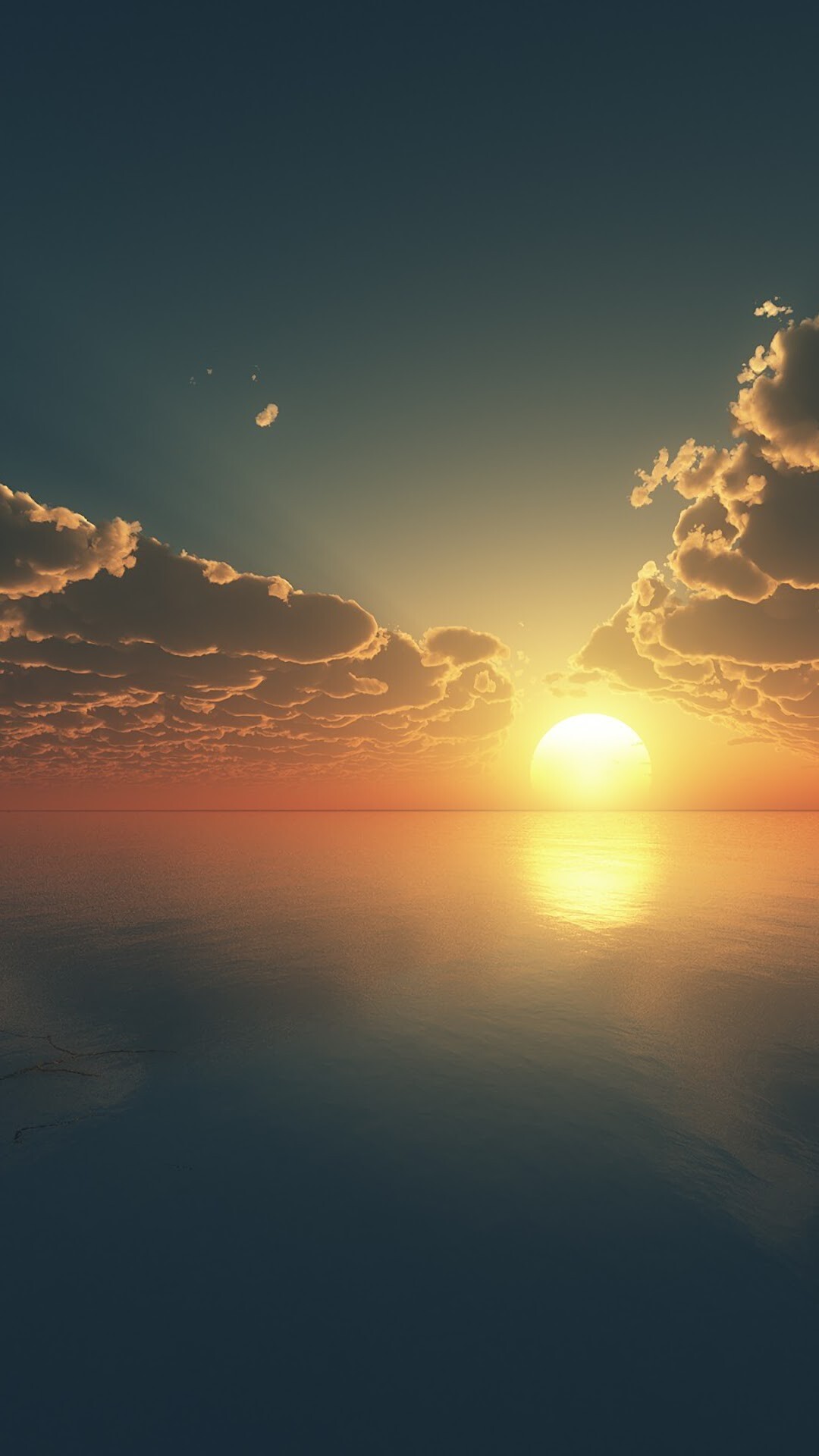 Sunrise: The sun's disc first breaks the plane of the horizon, The broad expanse of water reflecting clouds. 1080x1920 Full HD Wallpaper.