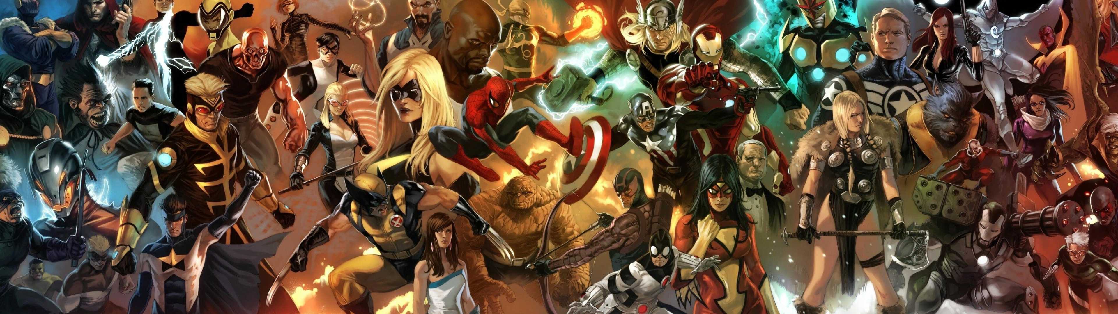 Marvel: Iron Man, Thor, Hawkeye, Captain America, Spider-Man, Wolverine, Dr. Doom. 3840x1080 Dual Screen Background.