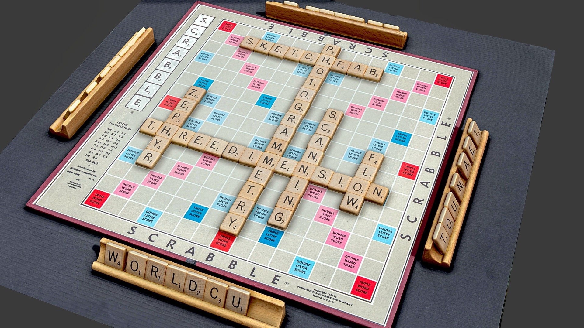 Scrabble: A 3D model of an ongoing 4-man match in a popular crossword-style board game. 1920x1080 Full HD Wallpaper.