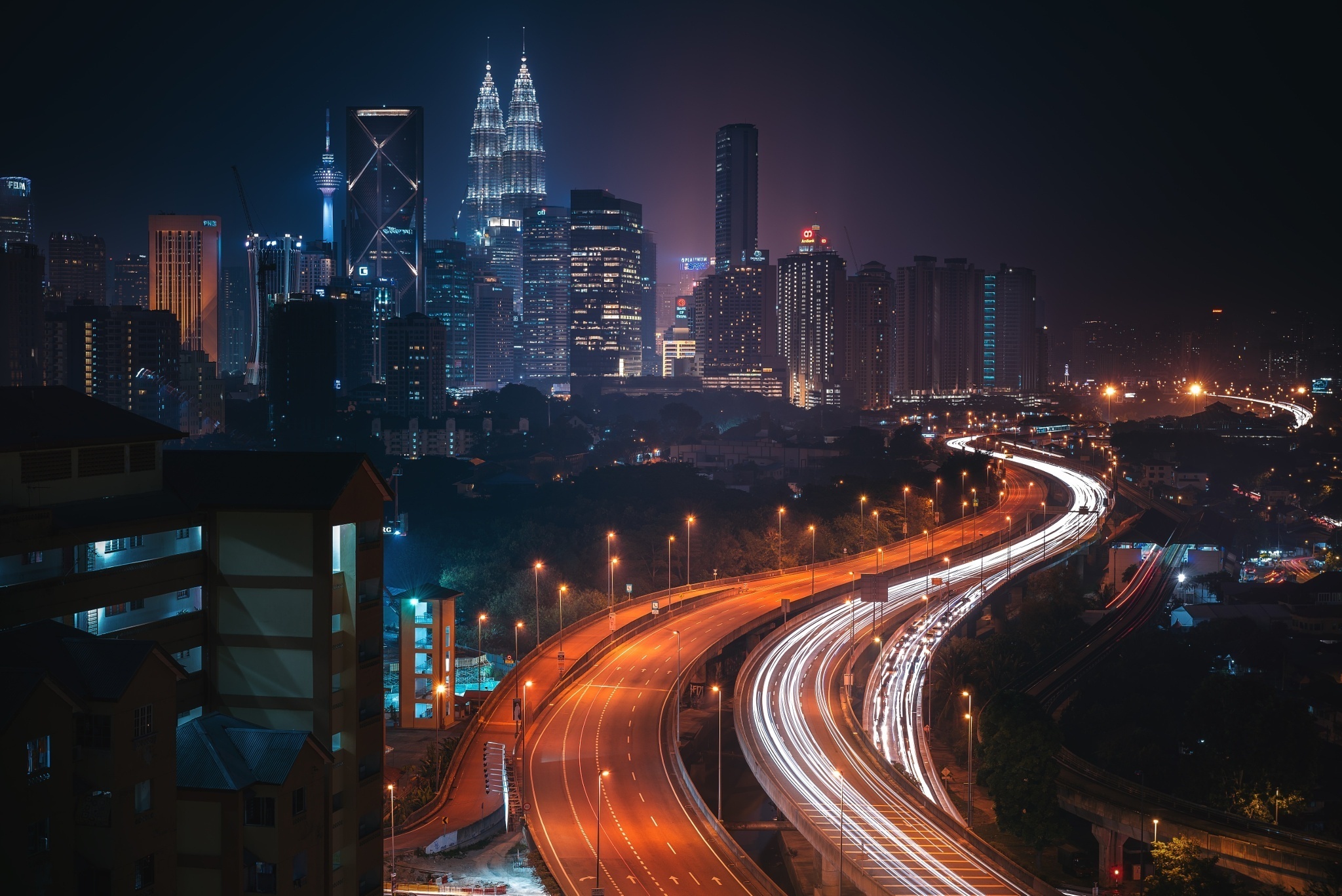 Petronas Twin Towers, Night city view, Highway underpass, Kuala Lumpur skyline, 2050x1370 HD Desktop