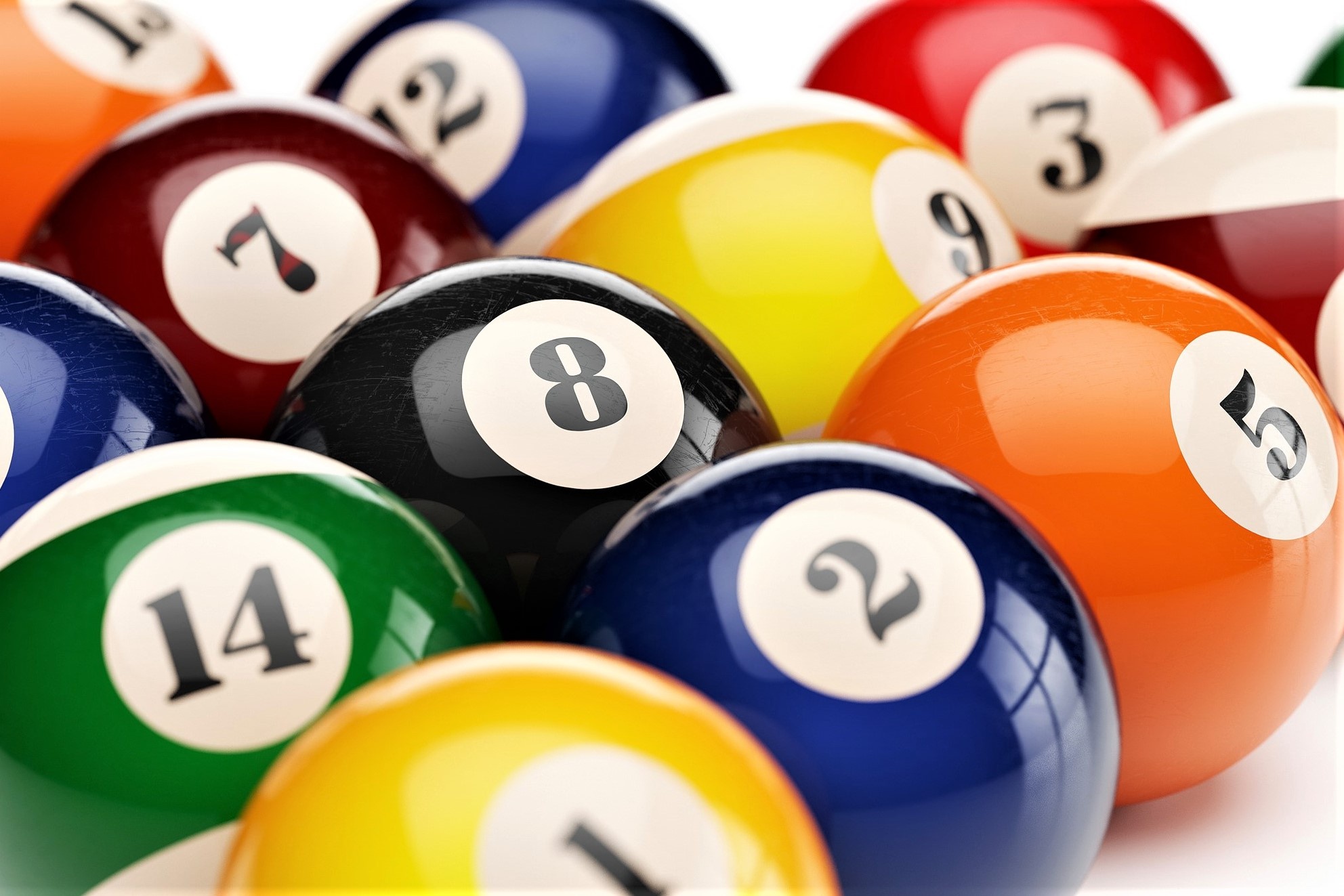 Billiards: Indoor games and sports, Classic eight-ball, Seven solid-colored balls, seven striped balls, and the black 8 ball. 1990x1330 HD Background.