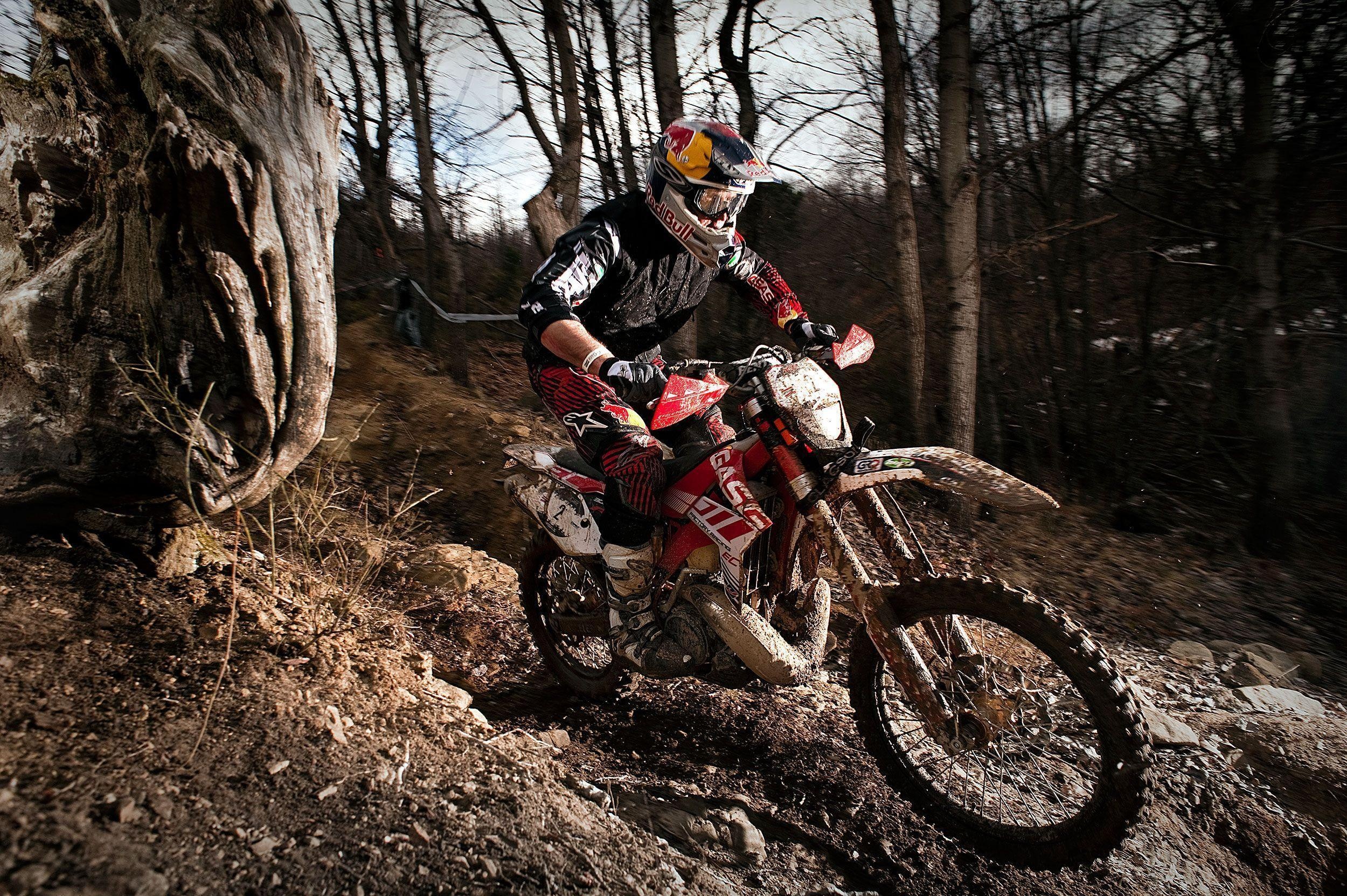 Enduro Motorbike: Dirt Race, Riding In The Mud, Racer, Extreme Conditions, Red Bull, Sponsor Logos. 2500x1670 HD Background.