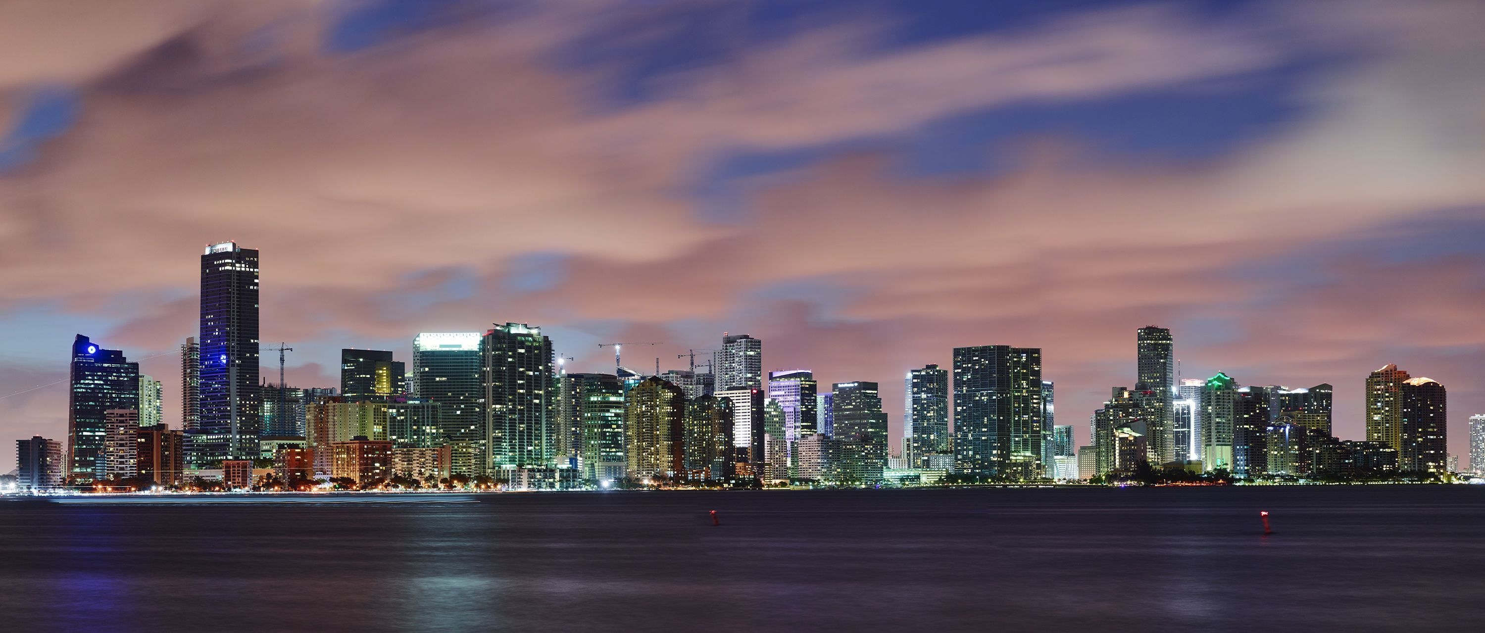 Miami Skyline, Nighttime splendor, Panoramic landscapes, City of dreams, 3000x1280 Dual Screen Desktop