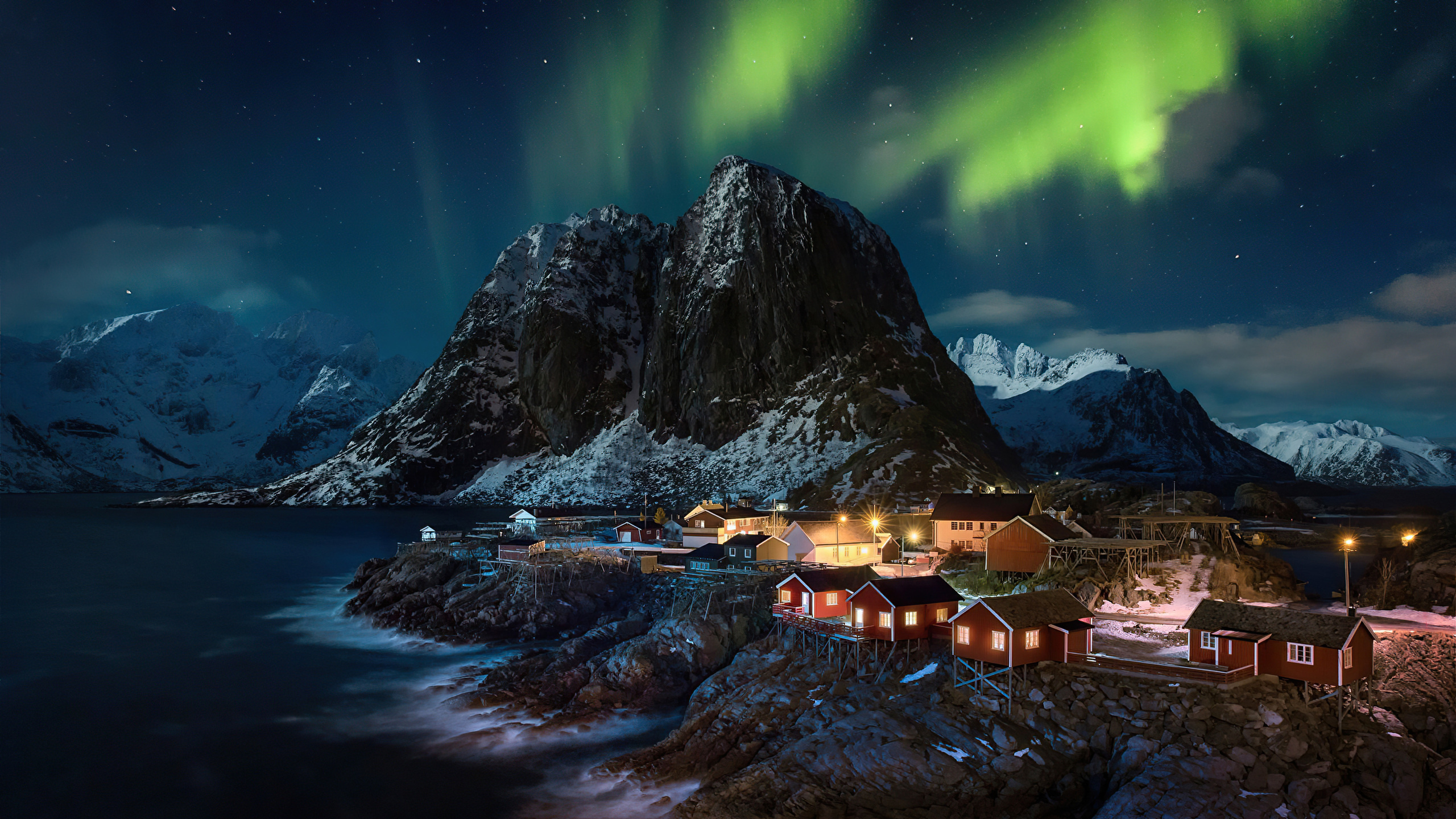 Lofoten Norway village, Breathtaking aurora, Northern lights spectacle, Serene landscapes, 2560x1440 HD Desktop