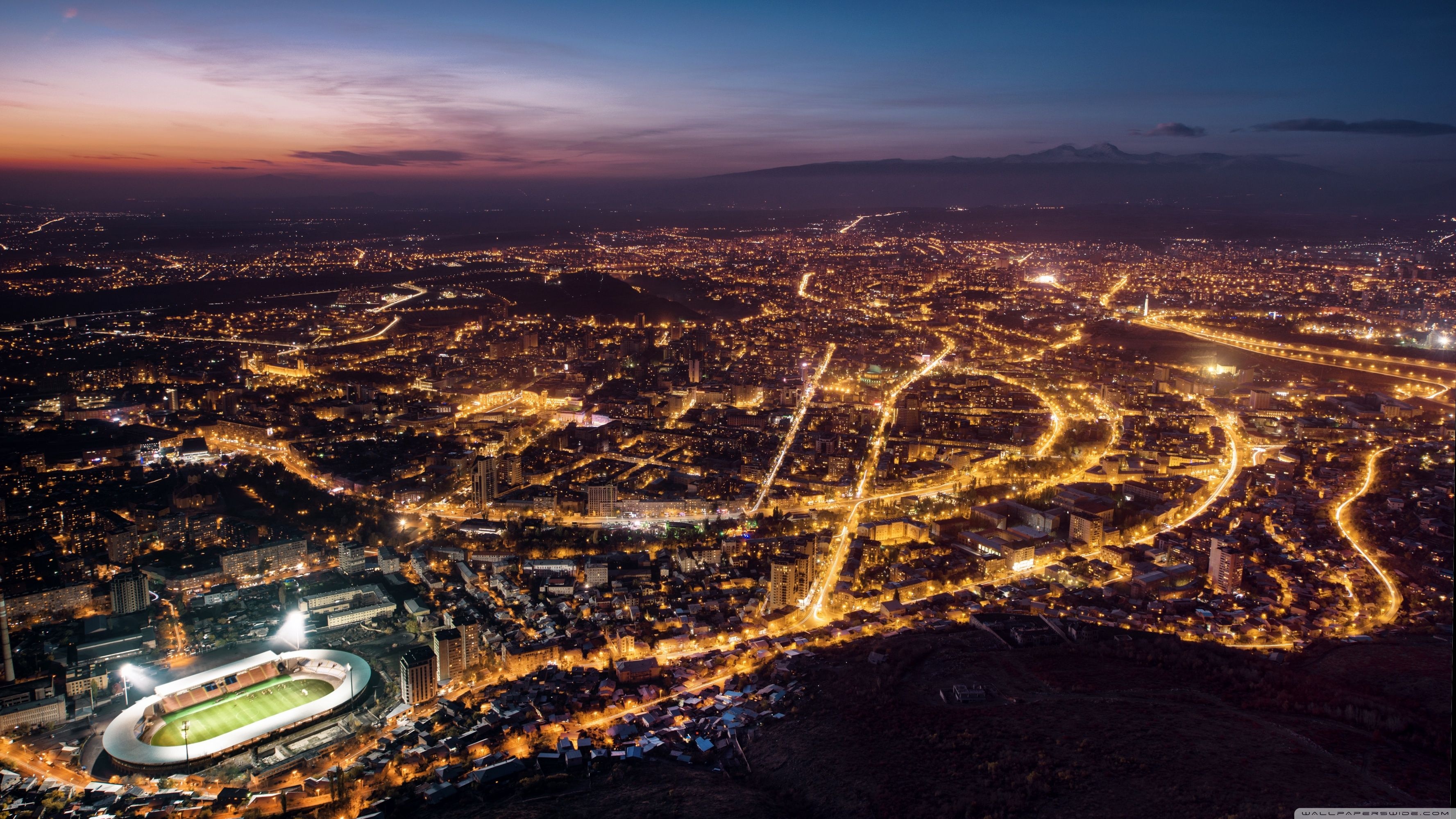 Armenia: Yerevan, Night city view, Capital city. 3560x2000 HD Background.