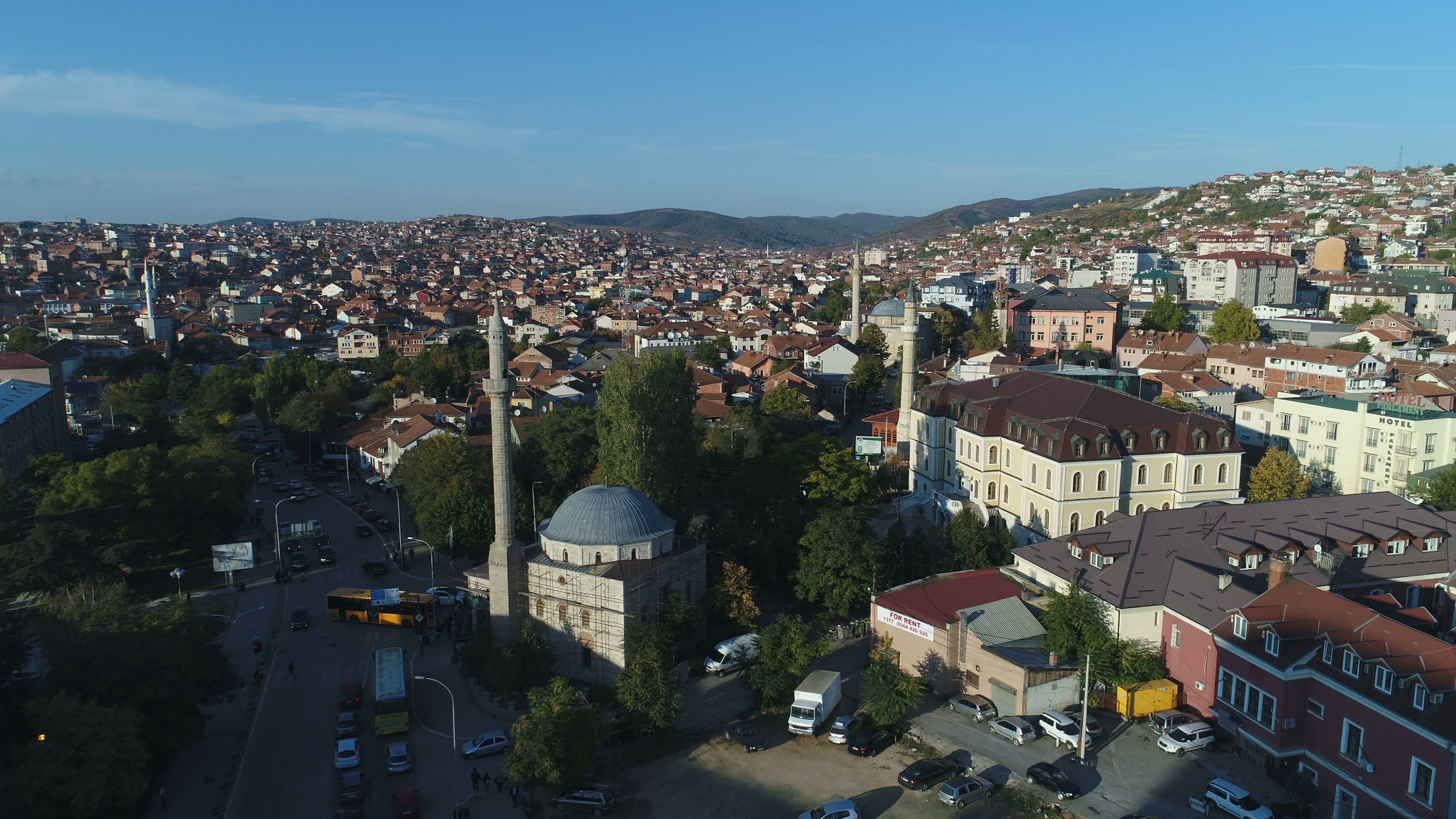 Pristina travels, Mosques skyline Pristina Kosovo, Drone shot mosques, Stock footage, 3840x2160 4K Desktop