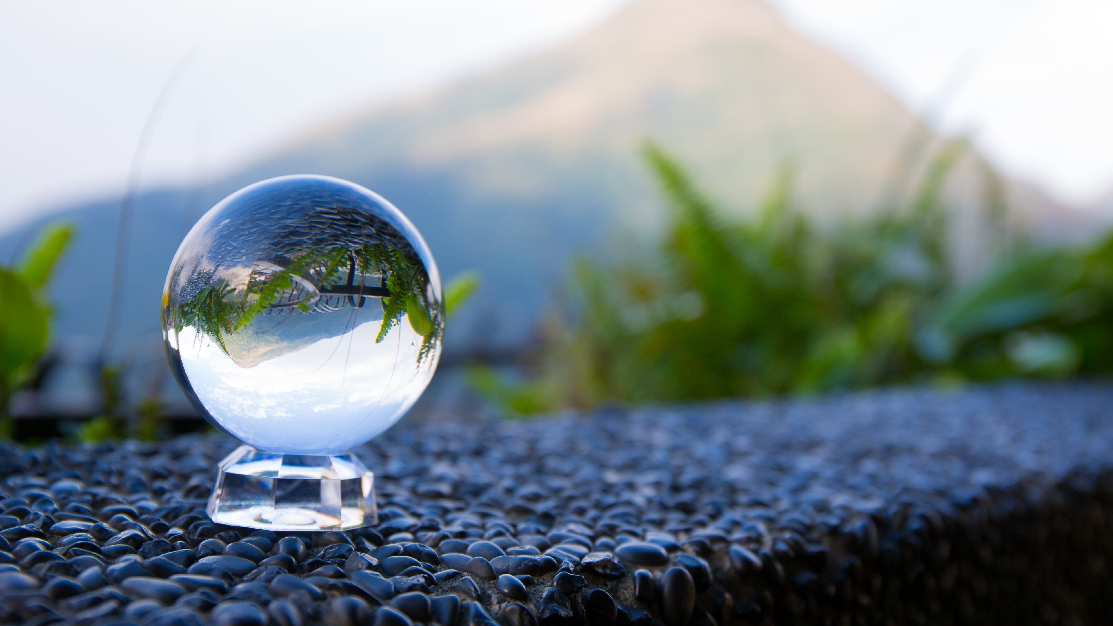 Glass: Solid transparent sphere, Natural environment, Mountain, Inverted landscape. 3840x2160 4K Background.