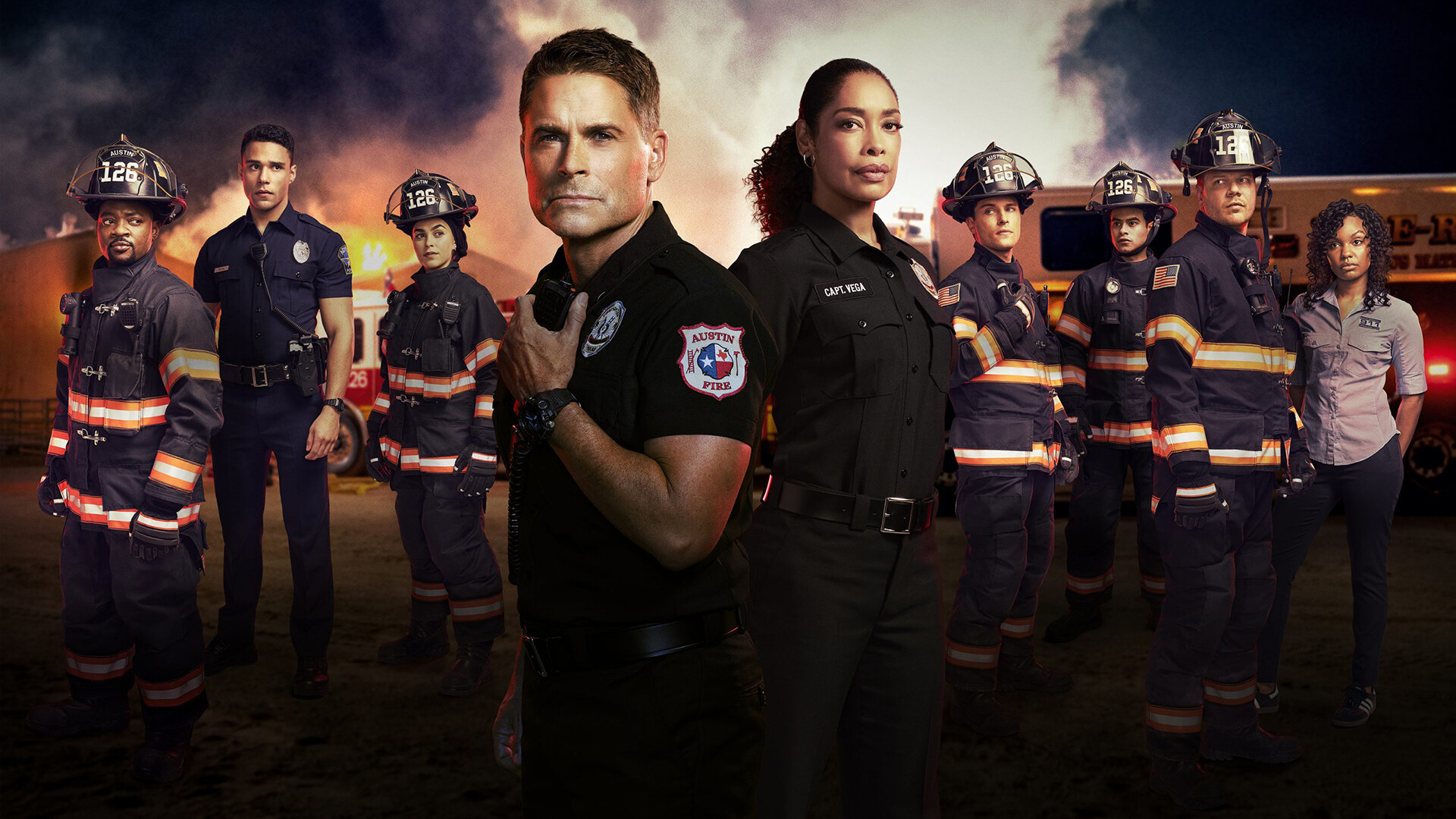 9-1-1: Lone Star (TV Series): TV Shows Main Cast, Leading Characters, Crew Of Firefighters, Policemen. 1920x1080 Full HD Background.