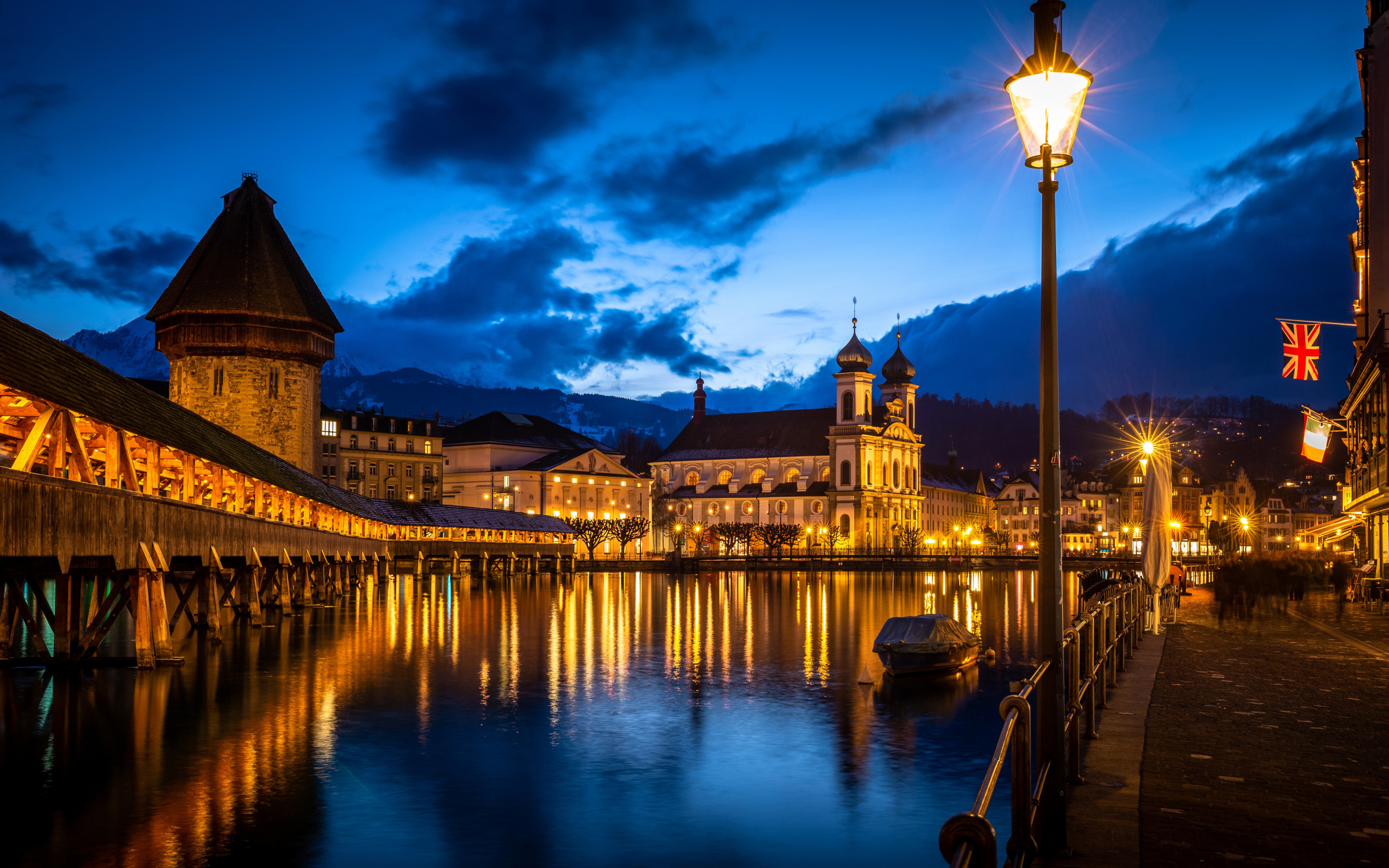 Chapel Bridge, Lucerne, Wooden footbridge, Swiss sunset, 2880x1800 HD Desktop