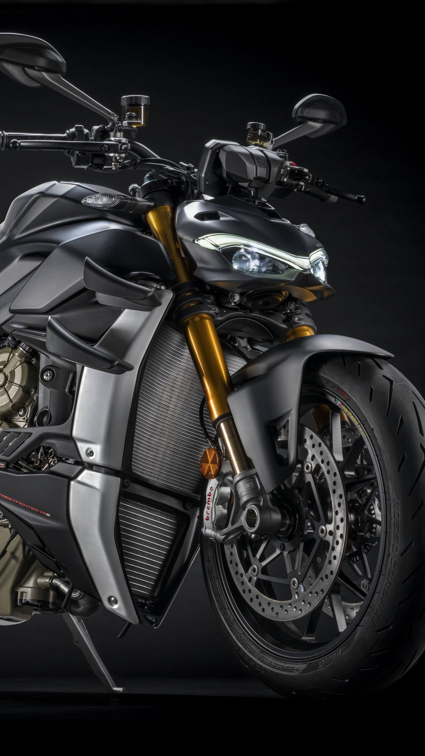 Ducati Streetfighter, V4 model, Dark stealth design, Black background, 1440x2560 HD Phone