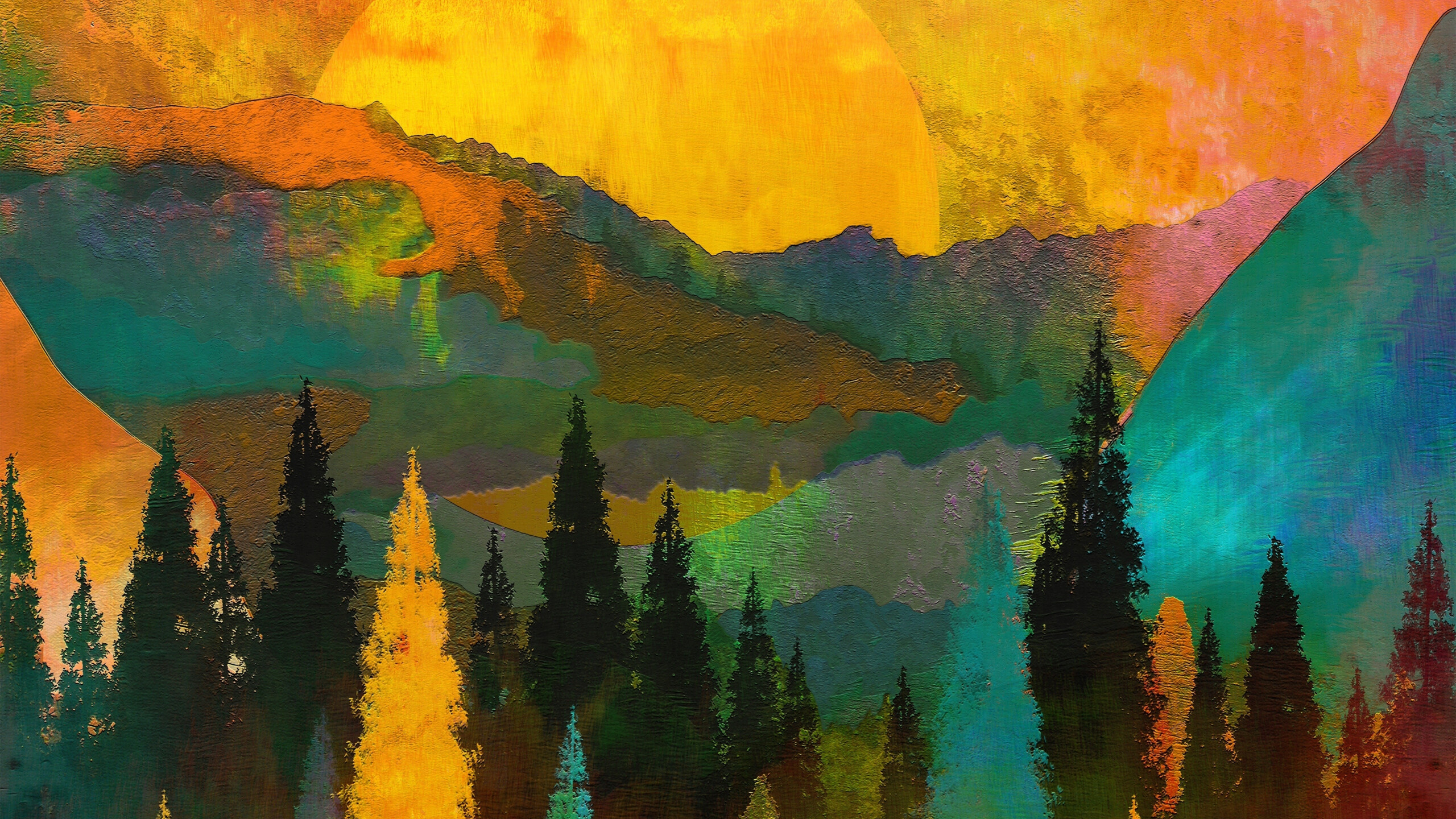 Baum (Natur), Waldillustration bei Sonnenuntergang, knstlerisches Hintergrundbild, doppeltes Panorama, kreative Schnheit, 2560x1440 HD Desktop