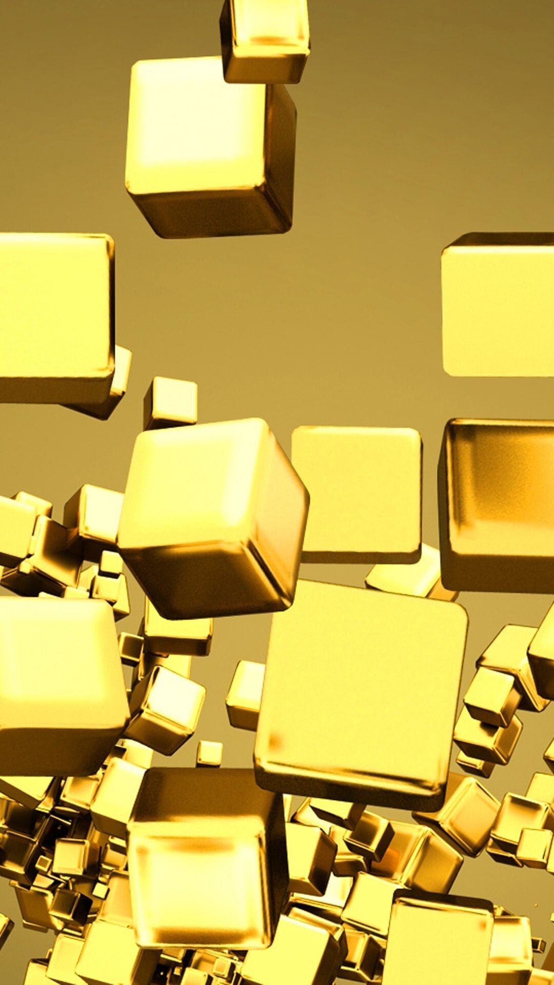 Gold: Golden cubes, 3d blocks, Geometric shapes, A three-dimensional solid object made of yellow metal. 1080x1920 Full HD Wallpaper.