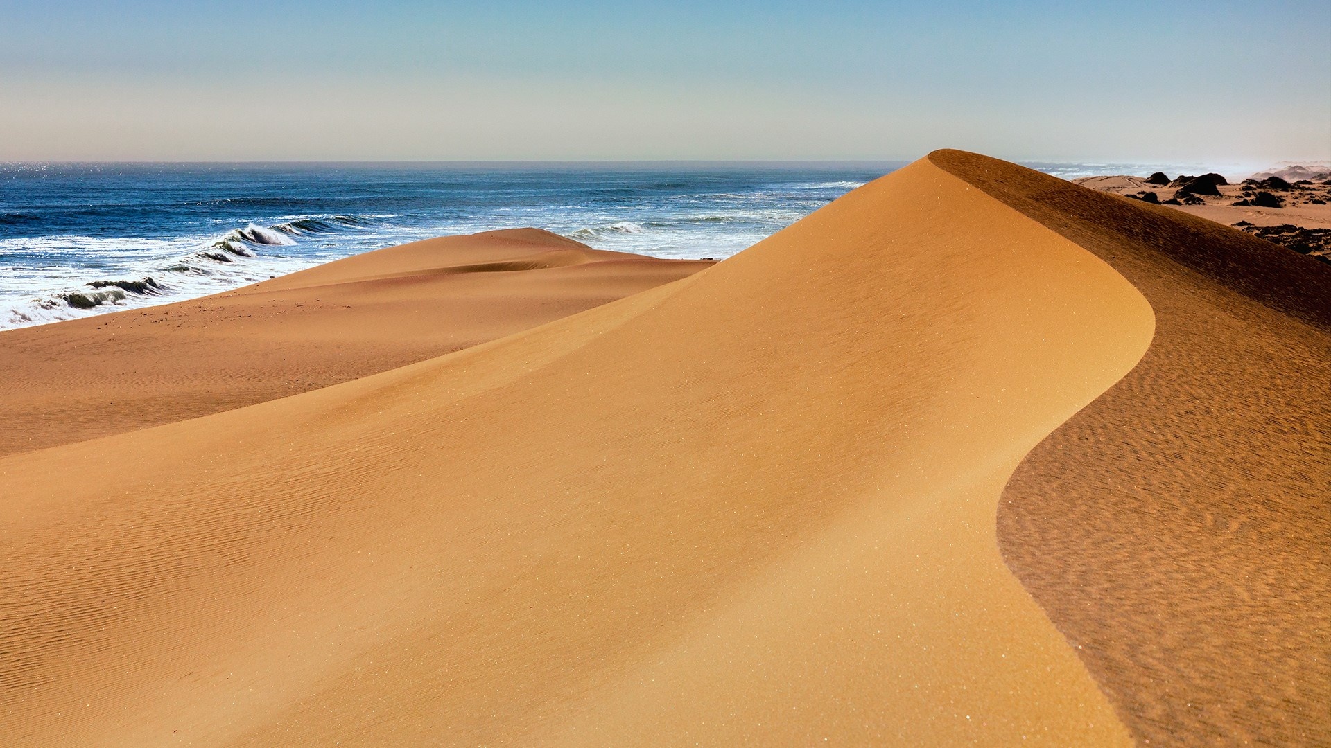 Namibia beach, Desert dunes, Sandwich Harbour, Windows 10 spotlight, 1920x1080 Full HD Desktop
