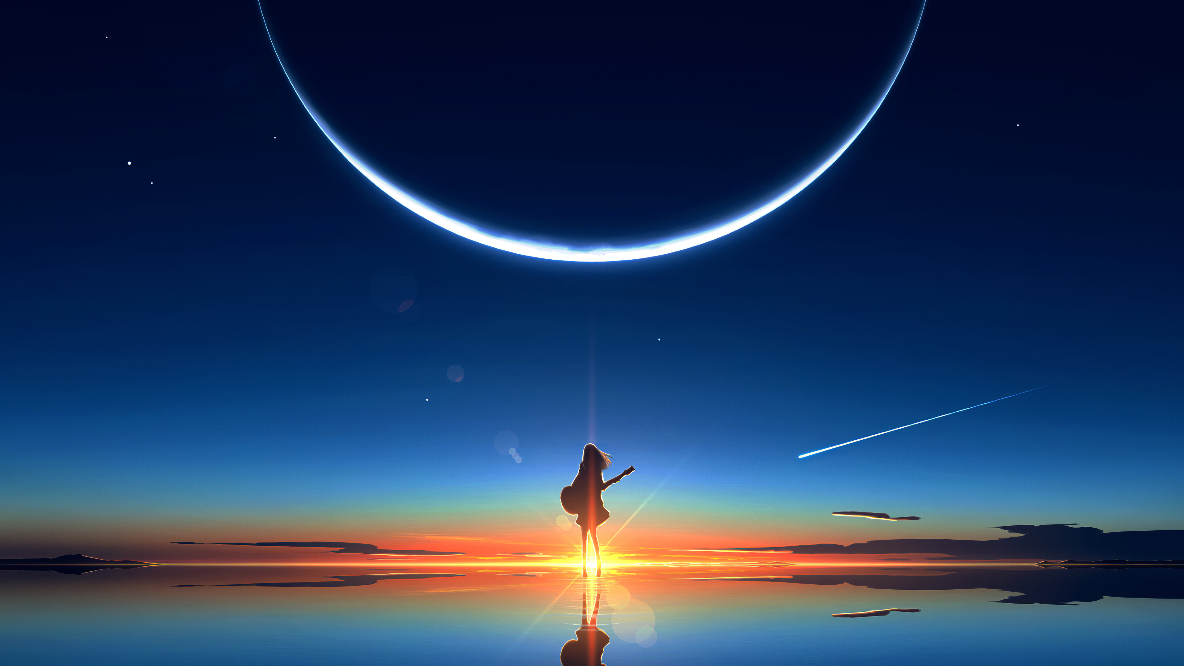 Girly: Girl with the guitar, Glassy surface, Smooth and shiny, Falling star. 3840x2160 4K Background.