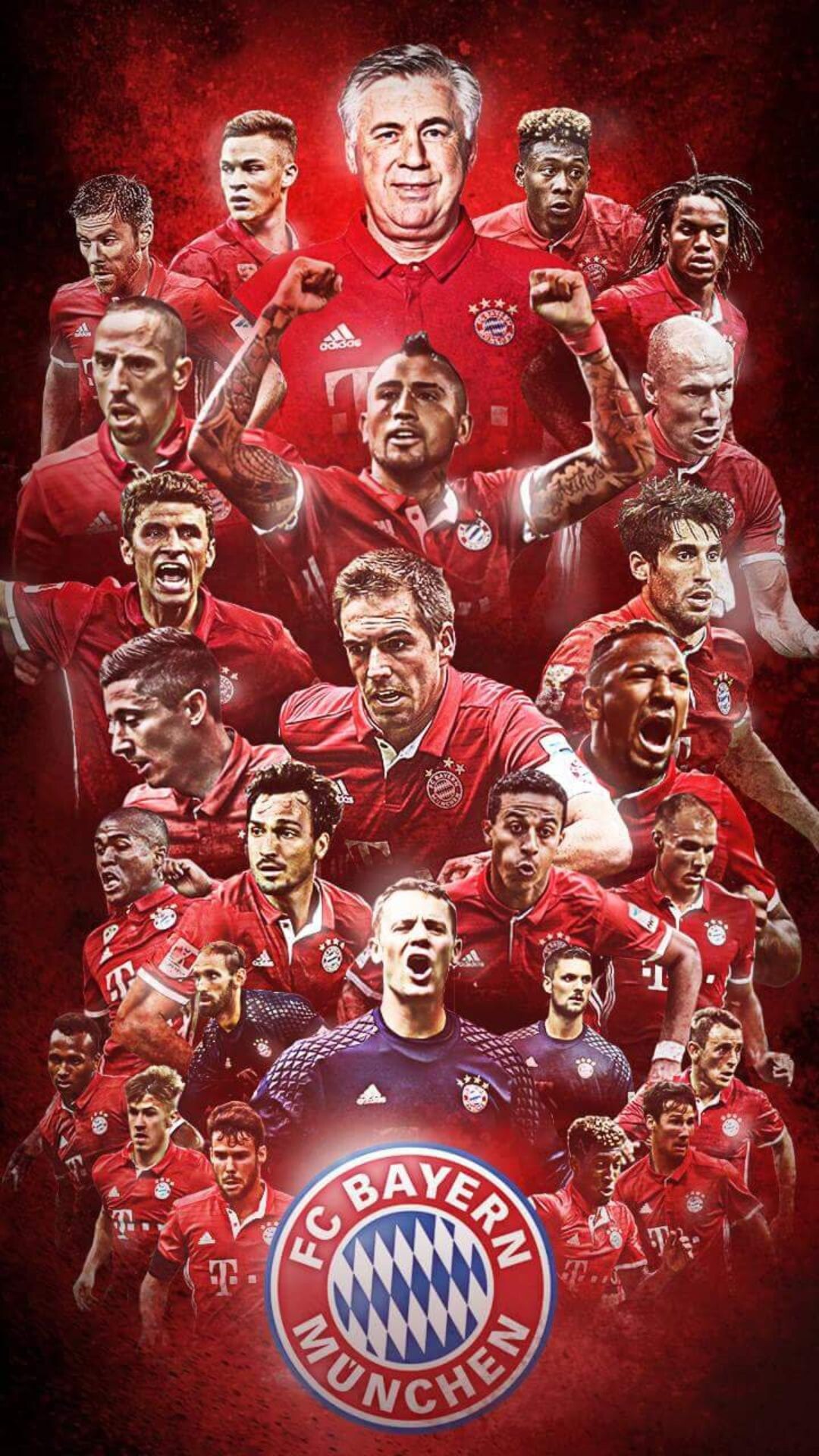 Germany Soccer Team: FC Bayern Munich, Arjen Robben, Franck Ribery, Carlo Ancelotti, Thomas Muller, Philipp Lahm, Season 2016-2017. 1080x1920 Full HD Background.