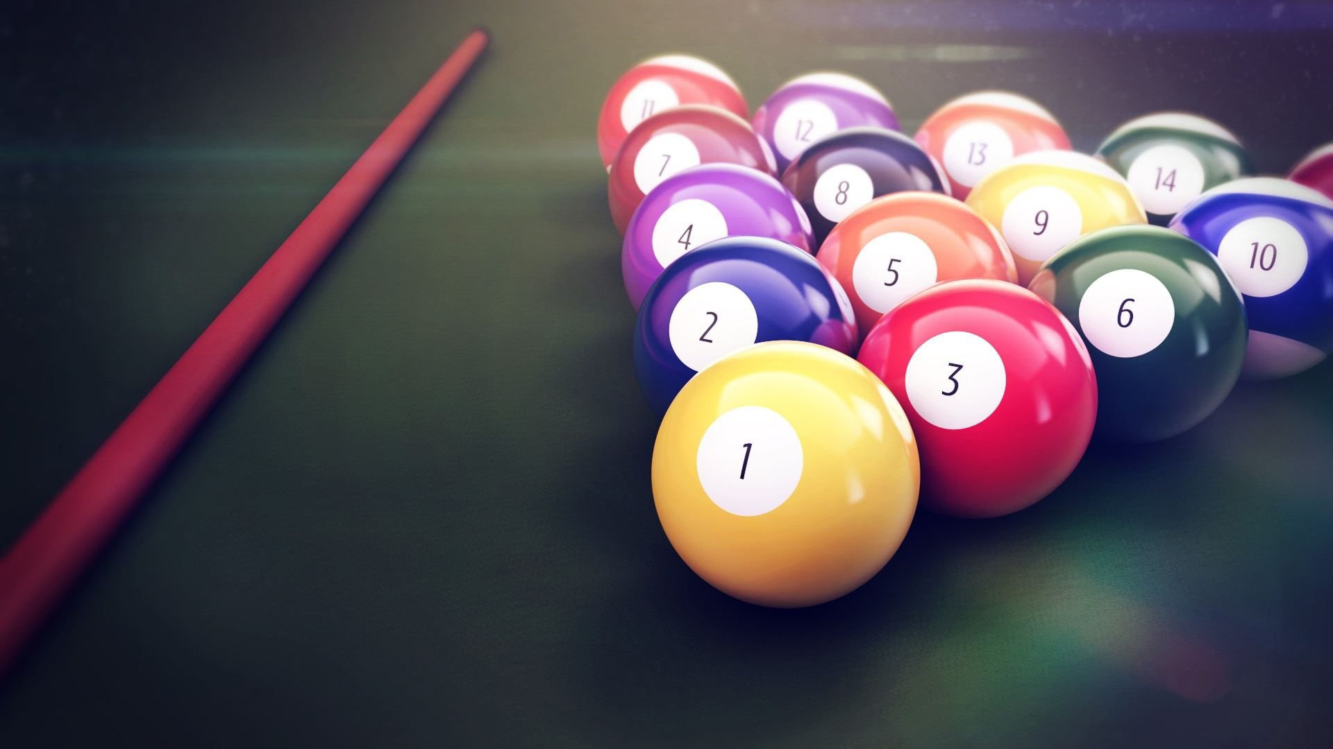 Pool (Cue Sports): Eight-ball, A game with a cue played on a classic table with six pockets and sixteen solid balls. 1920x1080 Full HD Background.