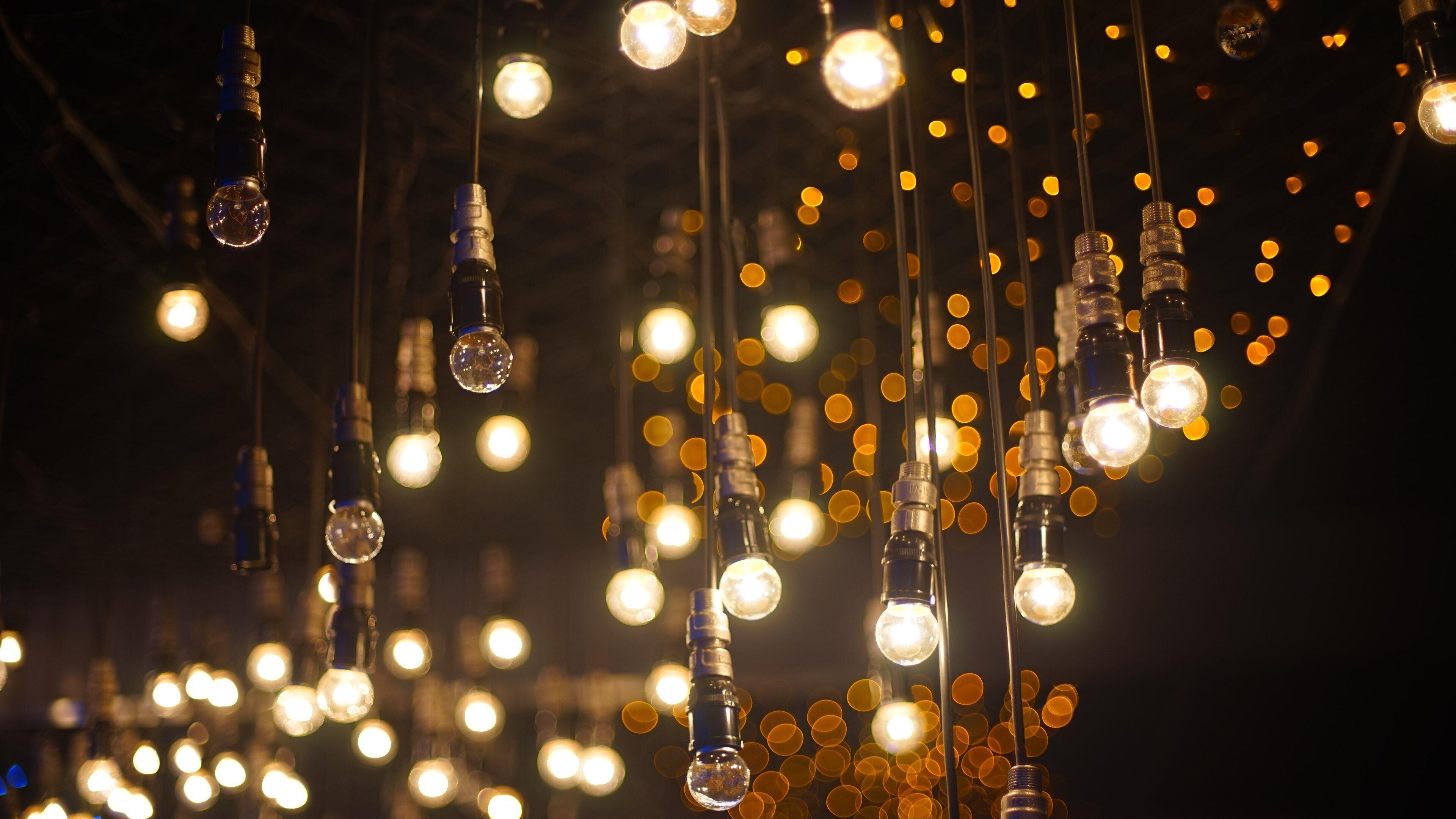 Gold Lights: Vintage Edison bulbs with cord, Party ornaments, Decorative lights and lamps. 3840x2160 4K Wallpaper.