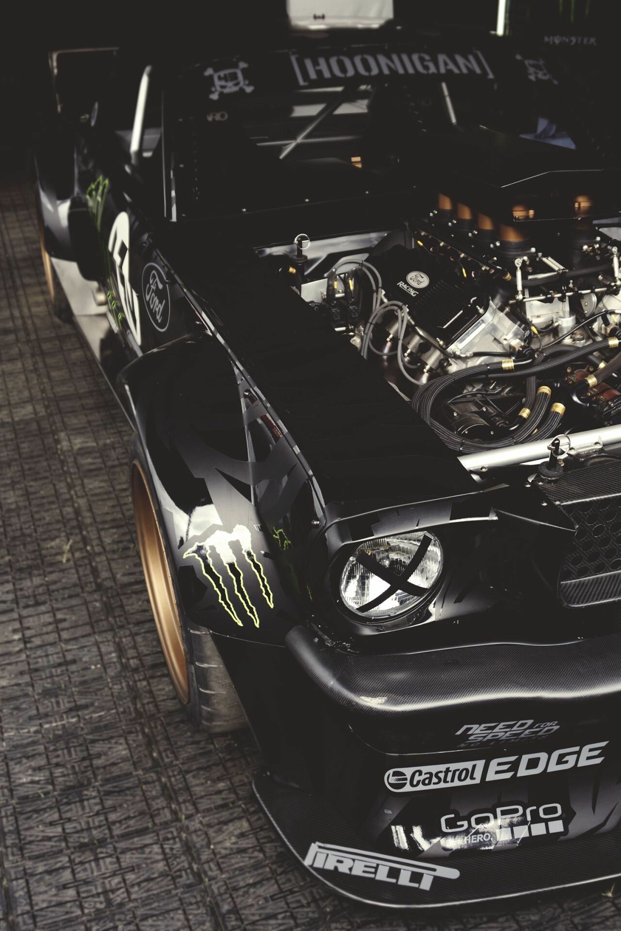 Hoonicorn: A modified 1965 Ford Mustang, Ken Block, Stunt car driving and racing. 1280x1920 HD Background.