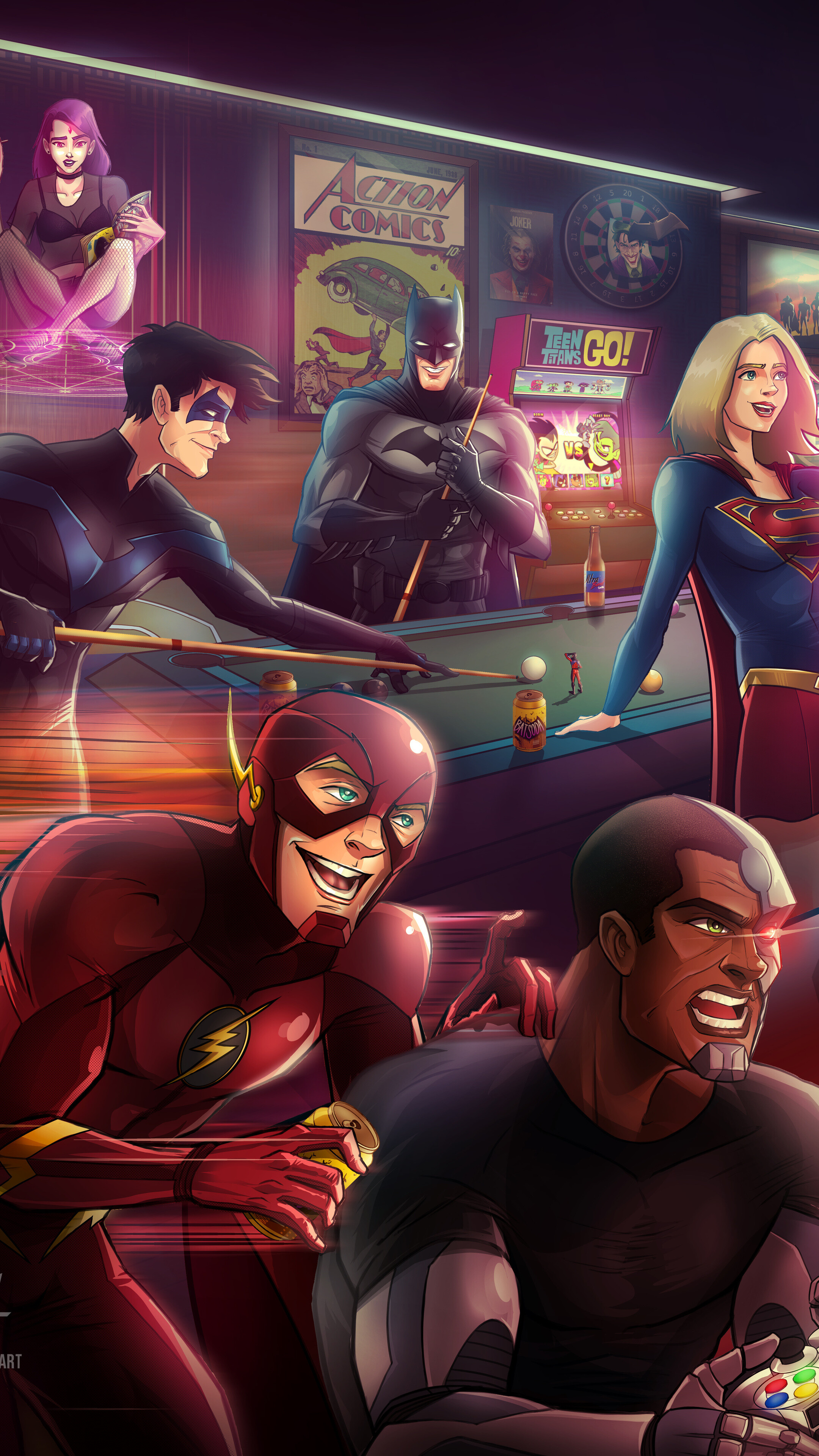 DC Heroes: Nightwing, Batman, Flash, Cyborg, Supergirl, Action Comics. 2160x3840 4K Background.