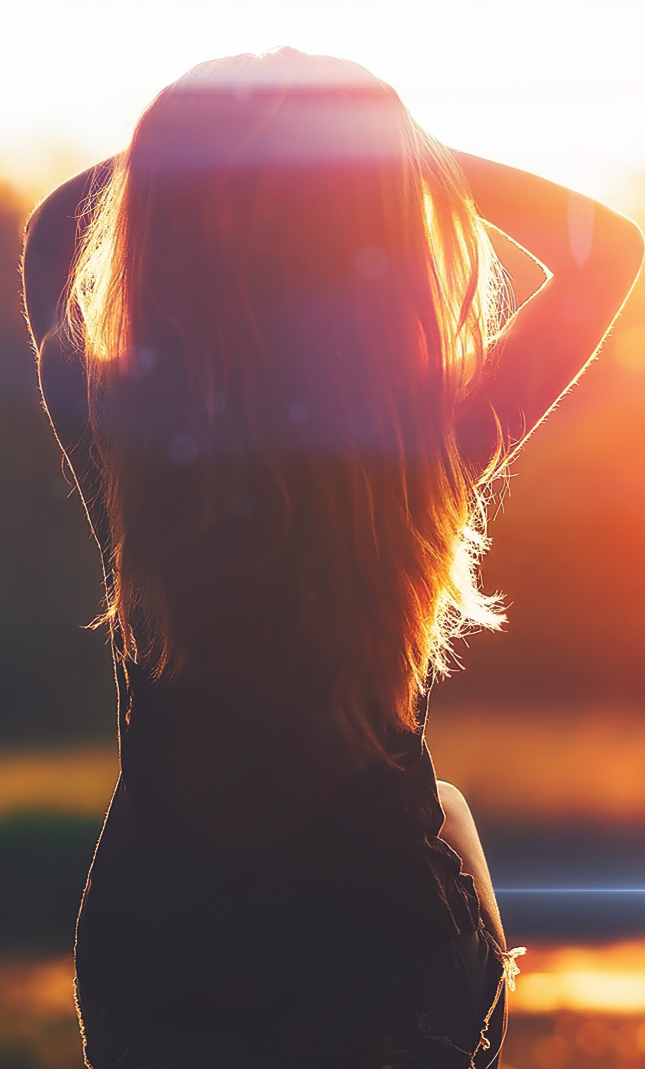 Girl sitting, Lens flare background, iPhone wallpapers, 1280x2120 HD Phone