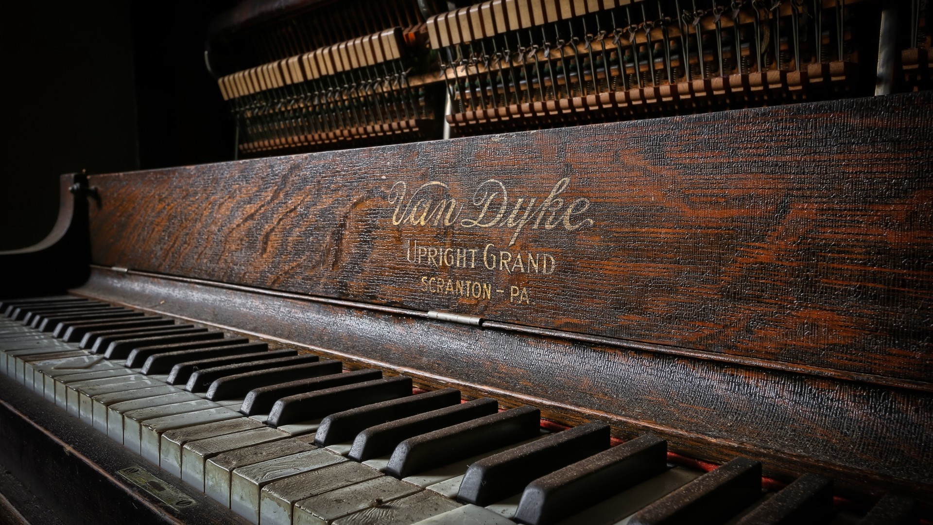 Grand Piano: Van Dyke, A wing-shaped keyboard musical instrument with horizontal strings. 1920x1080 Full HD Background.