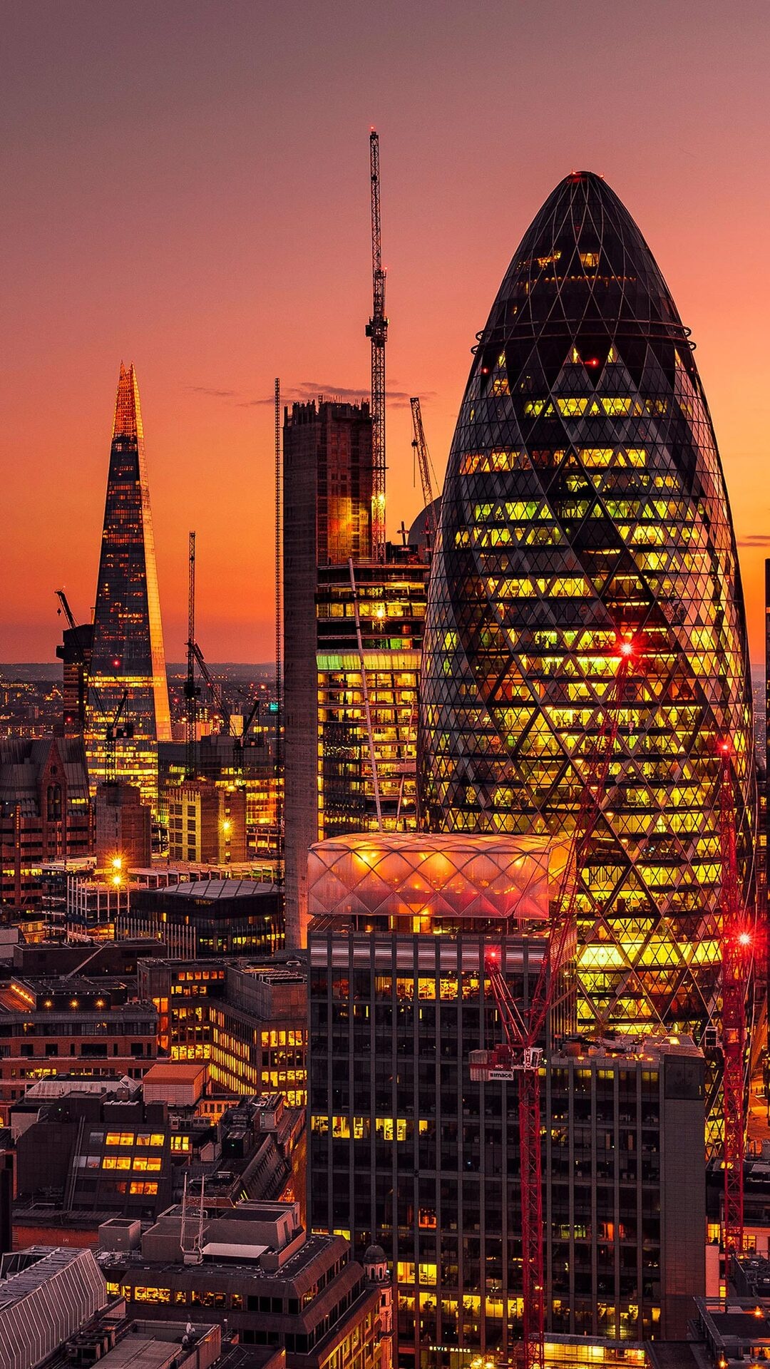 London: 30 St Mary Axe, Sunset, Skyscrapers. 1080x1920 Full HD Wallpaper.