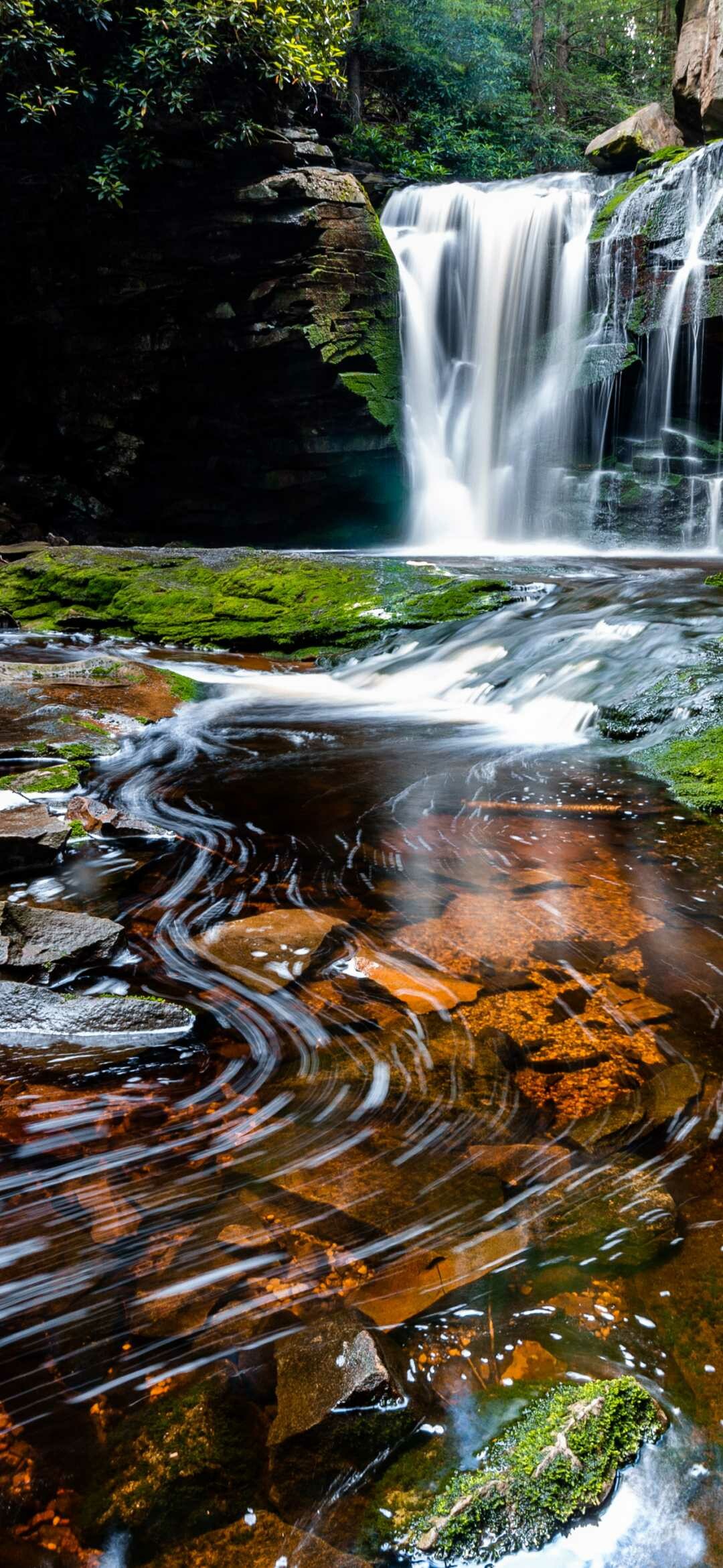 Waterfall: A steep descent of the flow of a river, Ecosphere. 1080x2340 HD Wallpaper.