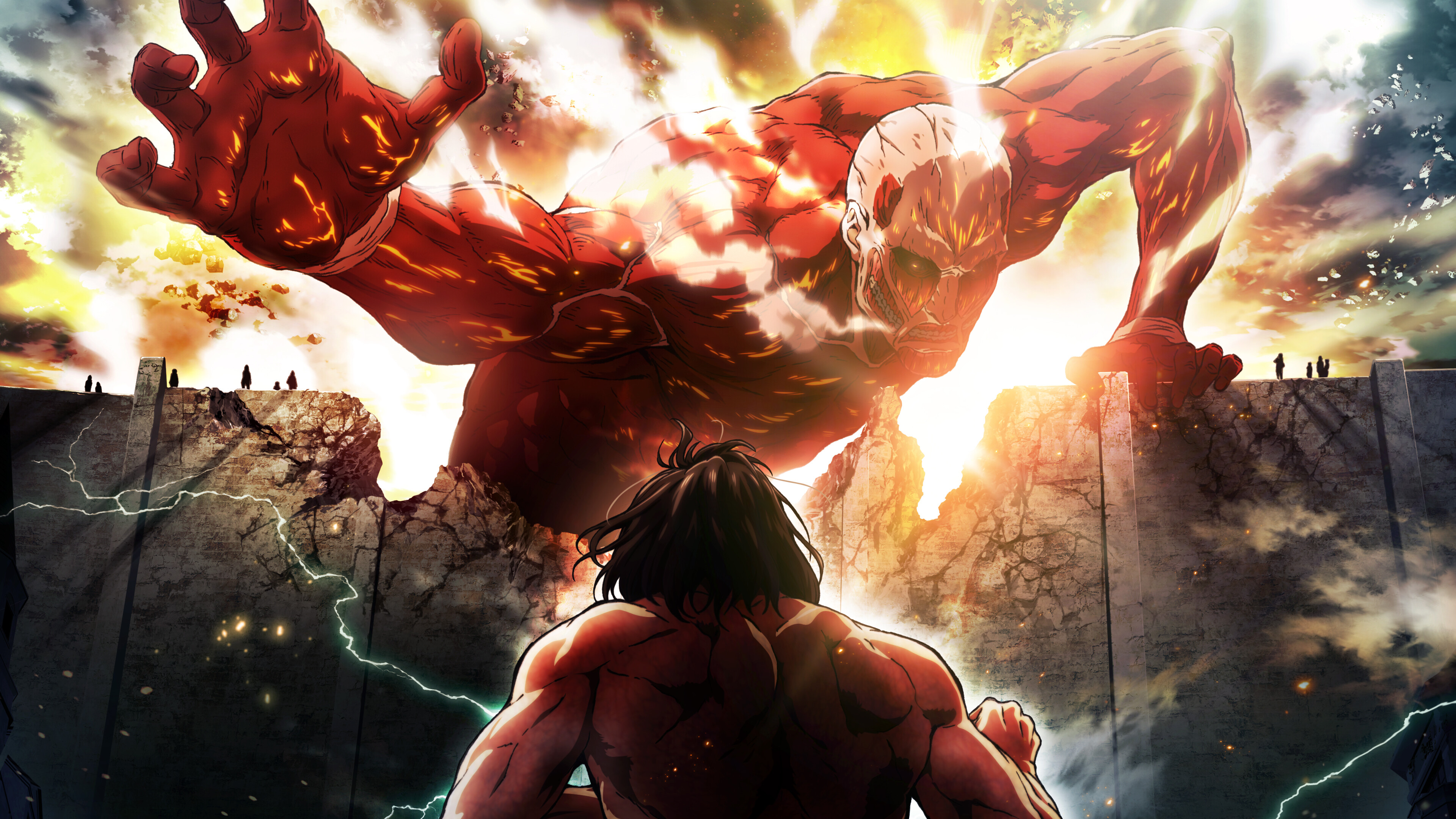 Attack on Titan: The Final Season: The Colossal Titan, serves as the primary antagonist of the first three seasons. 3840x2160 4K Wallpaper.
