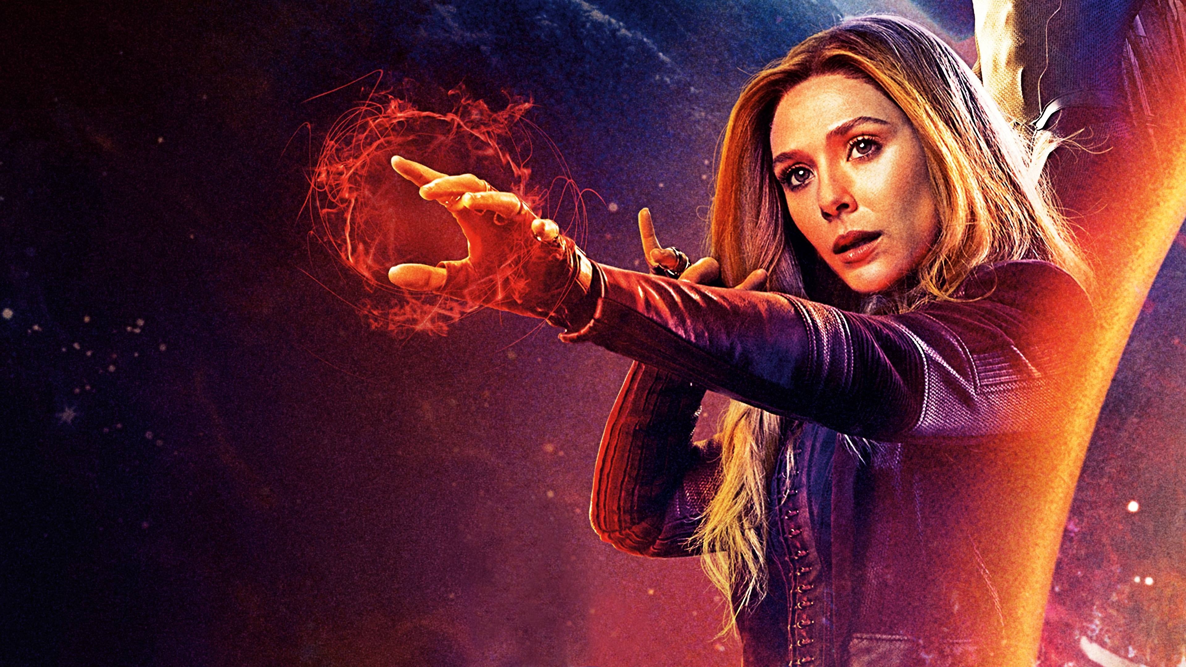 Scarlet Witch, Scarlet Witch in Infinity War, Dynamic backgrounds, Action-packed scenes, 3840x2160 4K Desktop