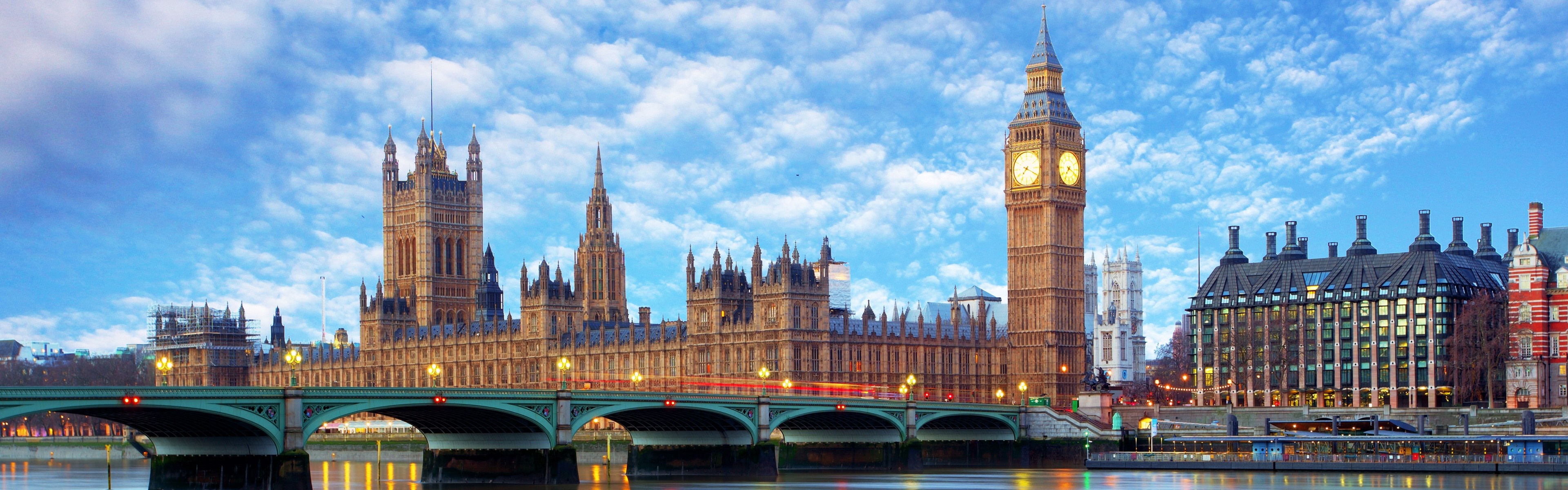 Cityscape: The Palace of Westminster,The Houses of Parliament, Big Ben, London, England. 3840x1200 Dual Screen Background.