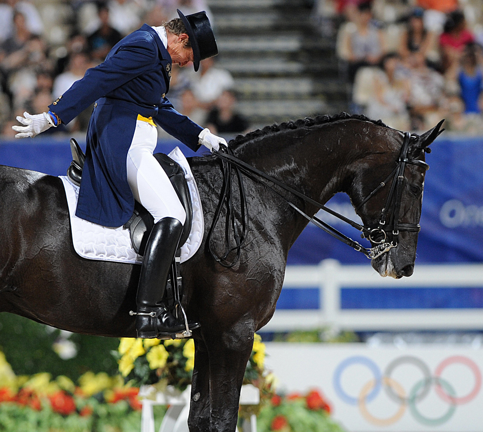 Dressage: Rider - Emile Faurie, Relatively young horse competing at Olympics, Top hats during competition. 2050x1840 HD Background.