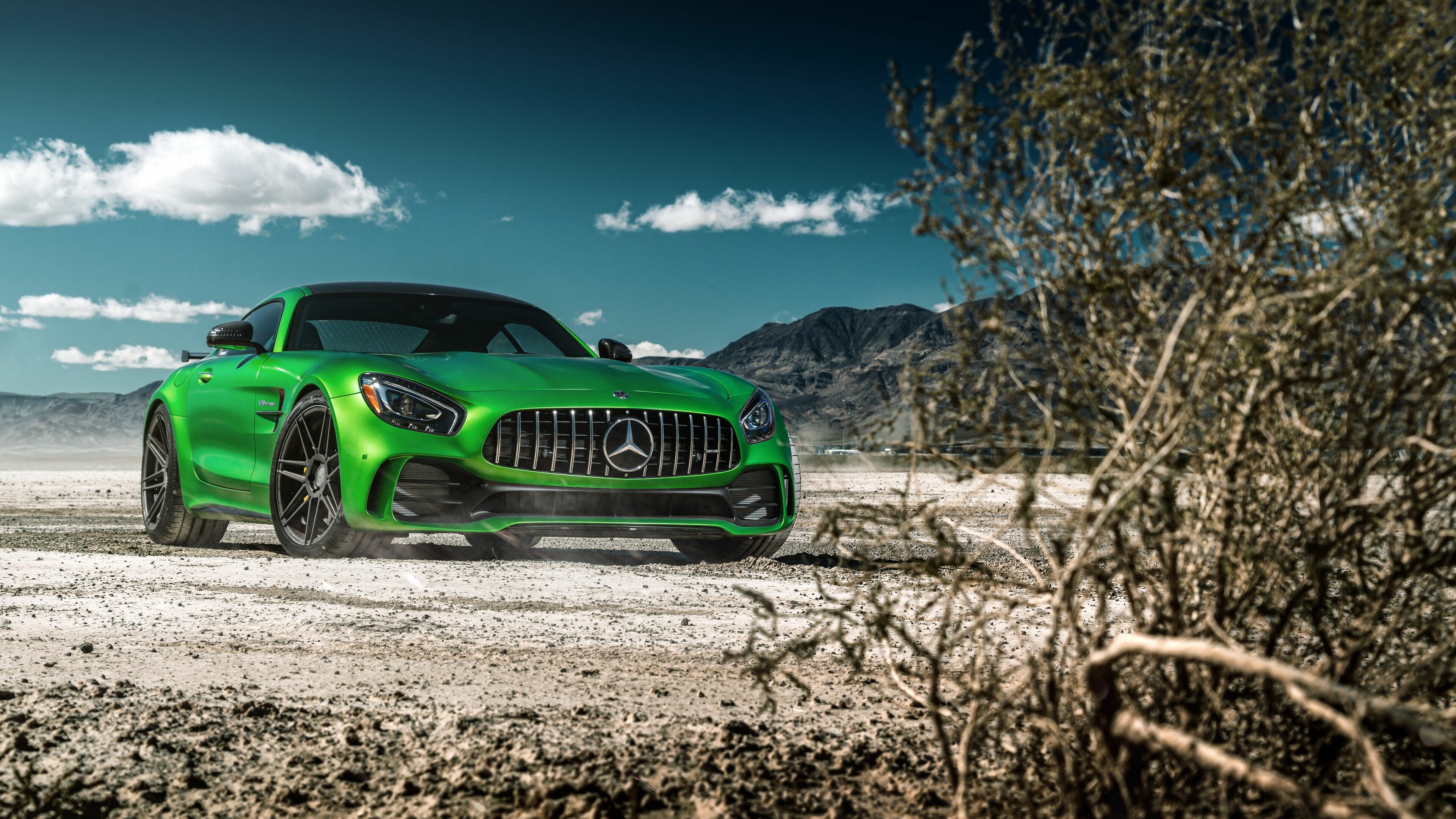 Mercedes-Benz: Green AMG GT, Produces E-Class, C-Class and GLK in Egypt via Egyptian German Automotive Company. 3840x2160 4K Background.