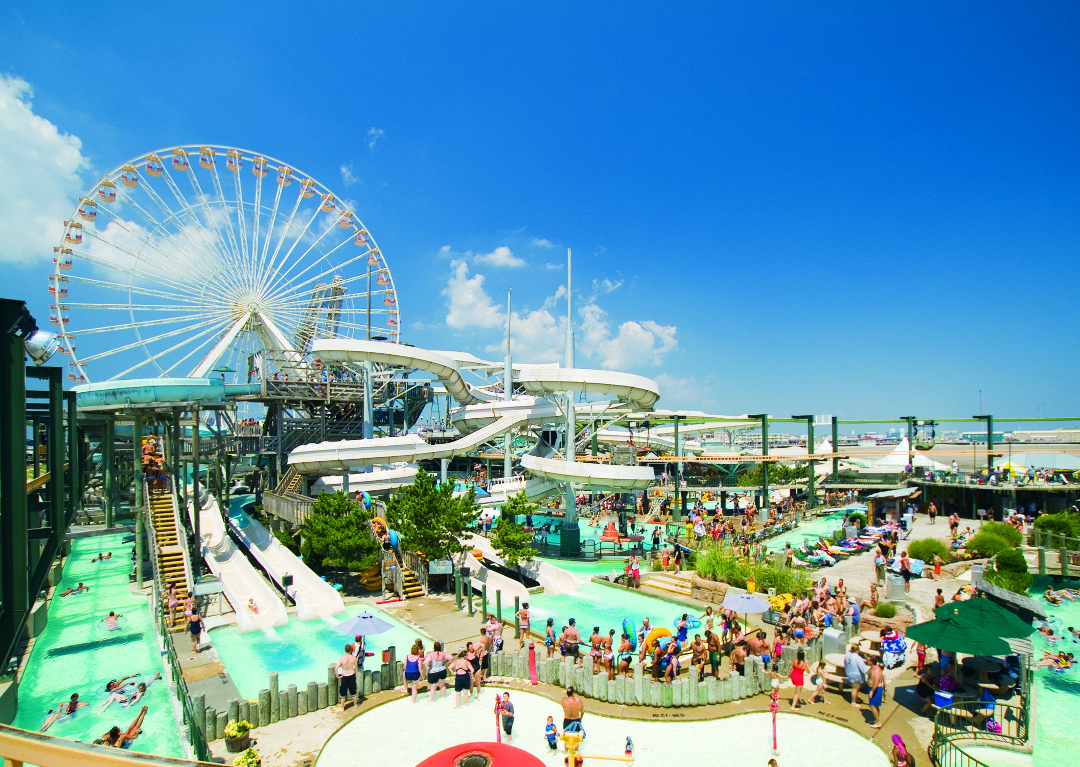 Amusement Park: Water slides, A large permanent area for public entertainment. 2120x1500 HD Background.