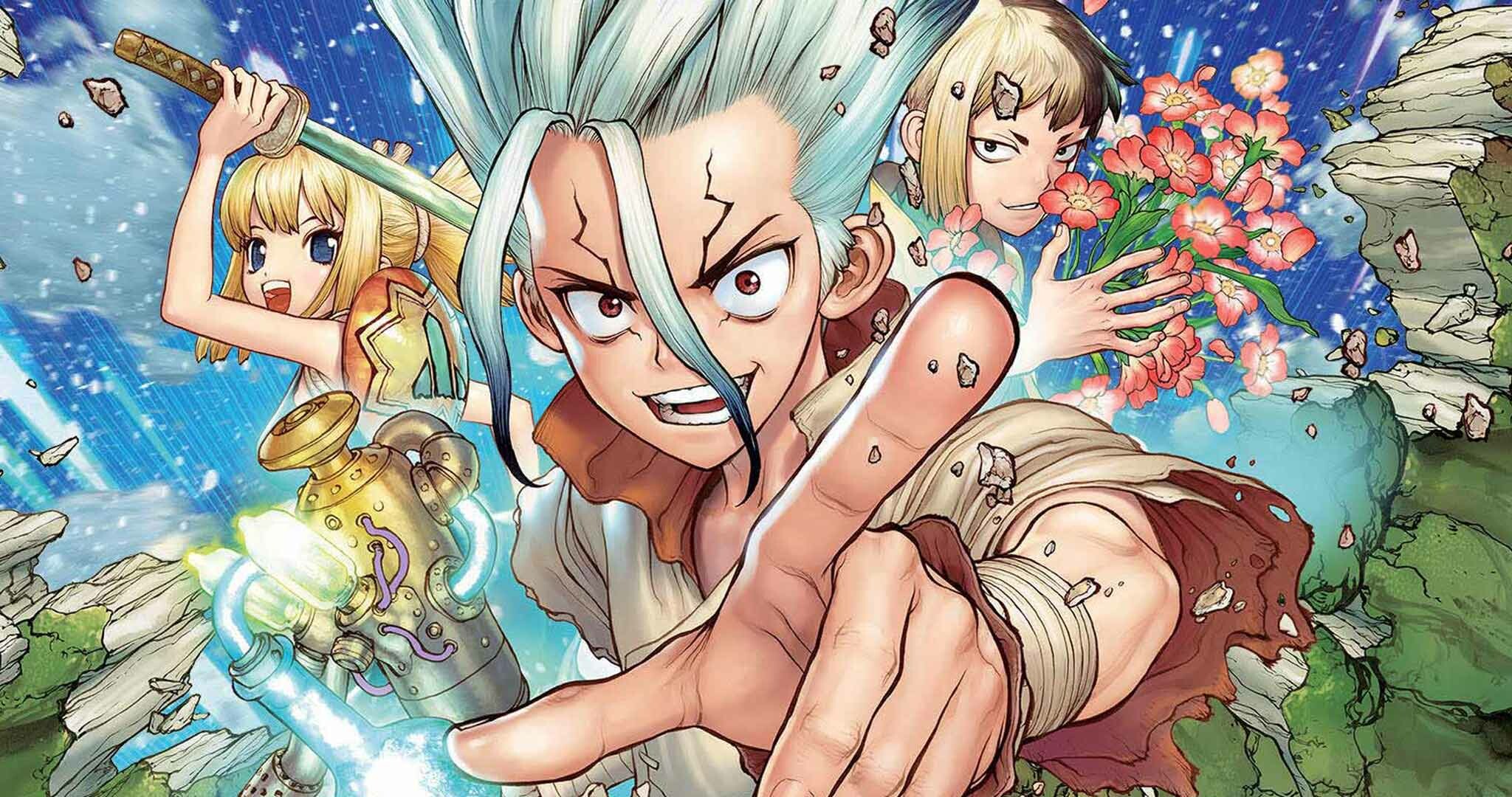 Dr.STONE: Adventure, Comedy, Drama, Science fiction, Anime series. 2050x1080 HD Background.