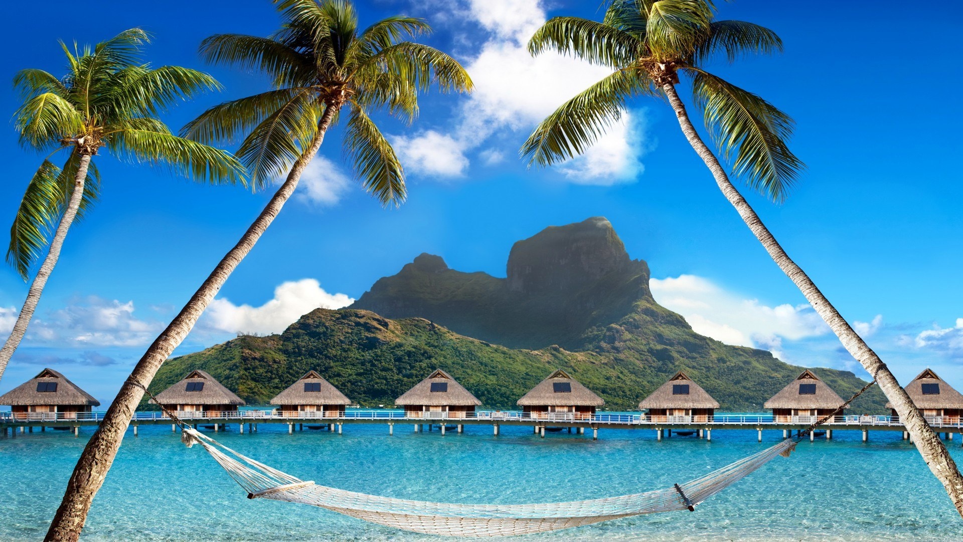 Sea mountains, Bungalow on the shores, Palm trees, French Polynesia, 1920x1080 Full HD Desktop