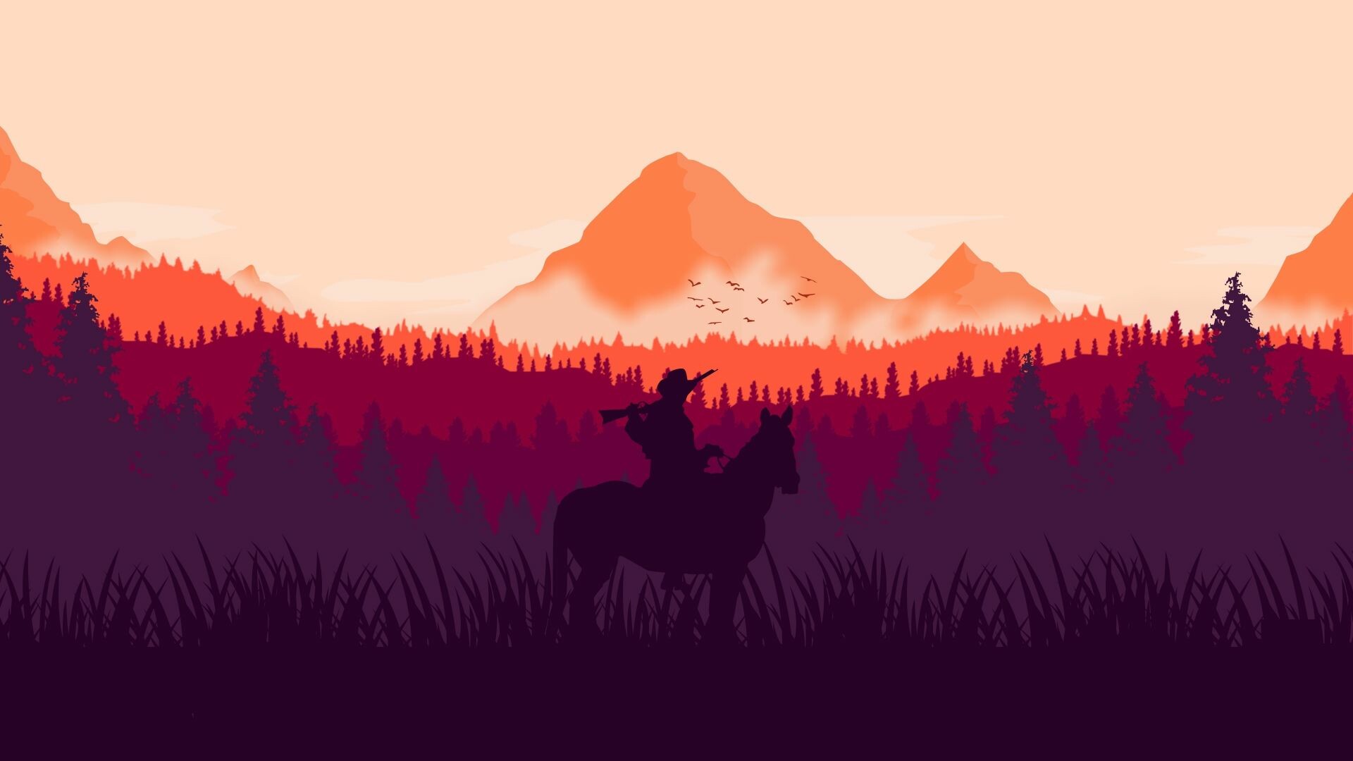 Red Dead Redemption: RDR2, Video game, Horse ride, Silhouette. 1920x1080 Full HD Wallpaper.