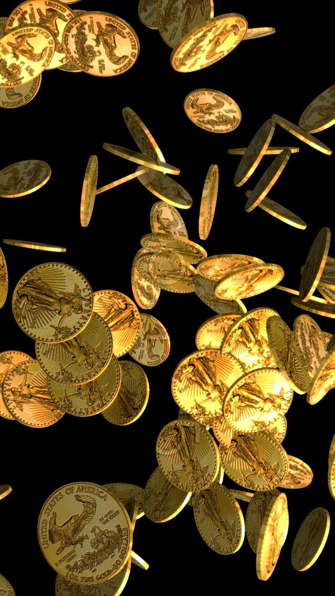 Gold Coins: Scattering of USA coins made of yellow metal, The reverse depicting a soaring eagle. 1080x1920 Full HD Background.