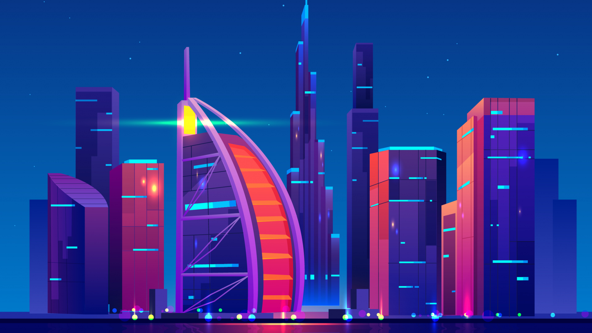 Neon Skyline, Travels, Dubai cityscape, Skyscrapers, 1920x1080 Full HD Desktop