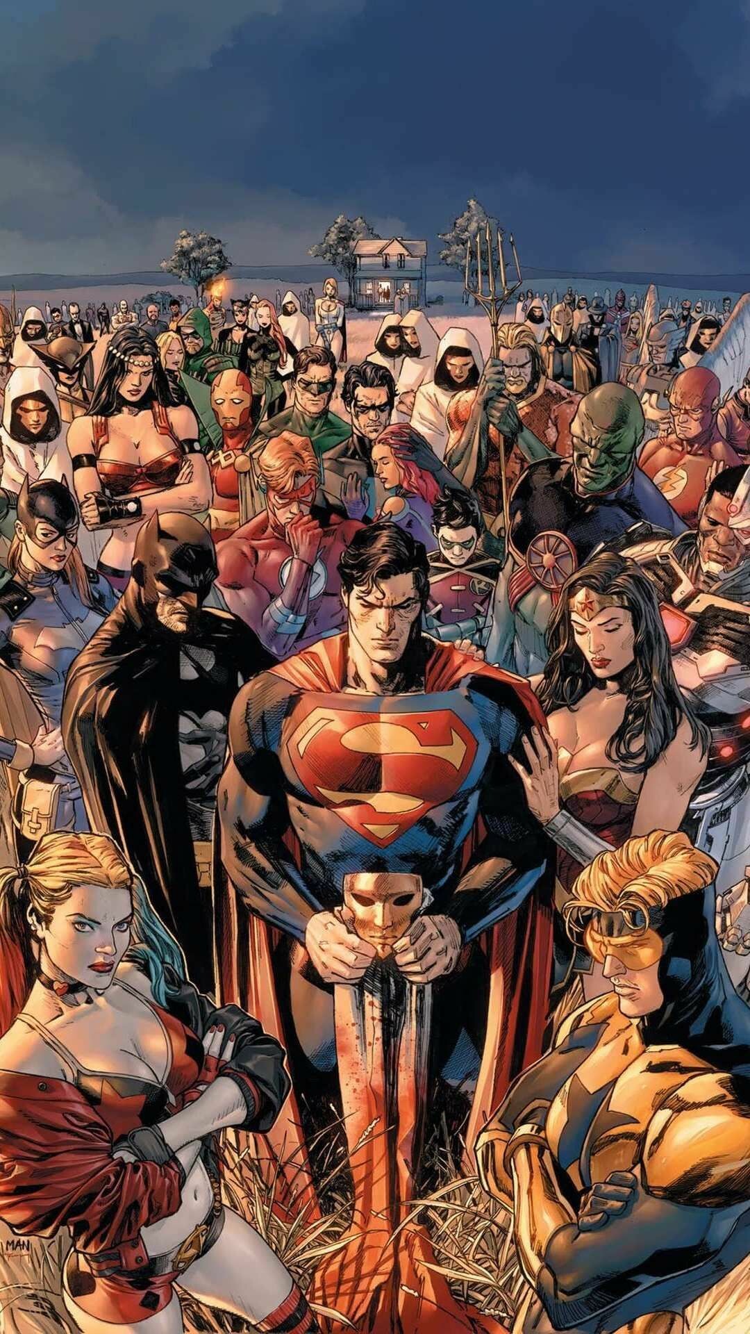 DC Heroes: Batgirl, Robin, Batman, Superman, Wonder Woman, Green Lantern, Martian Manhunter. 1080x1920 Full HD Background.