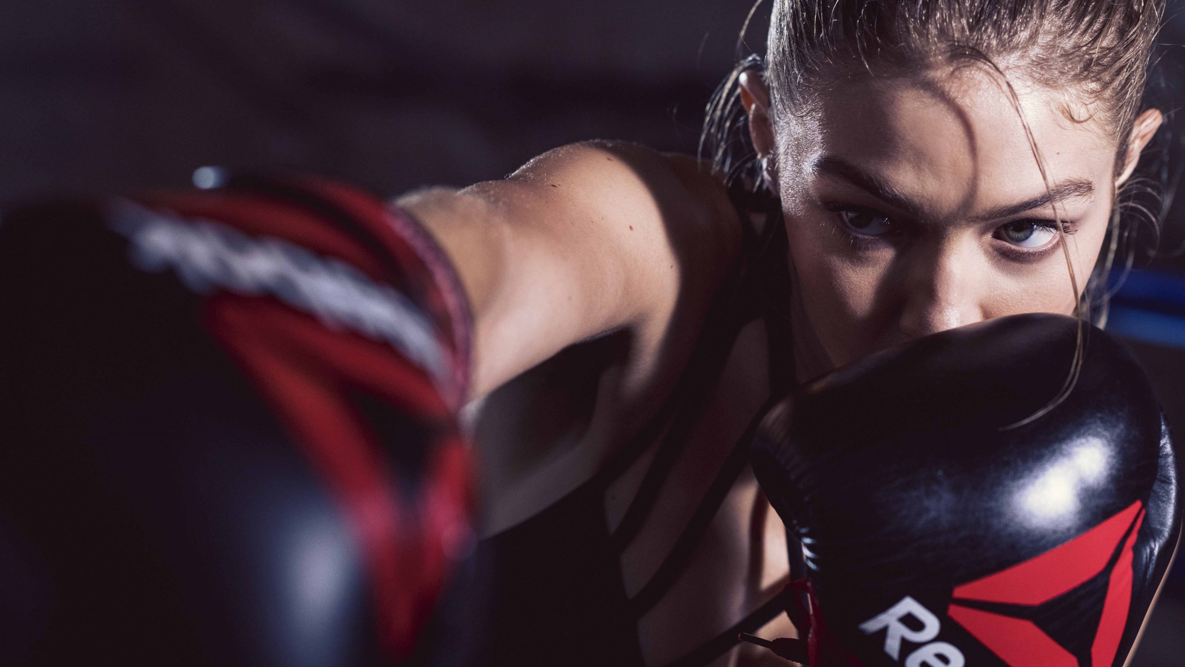 Reebok: Gigi Hadid, Boxing gloves, Celebrities, Collaboration. 3840x2160 4K Wallpaper.