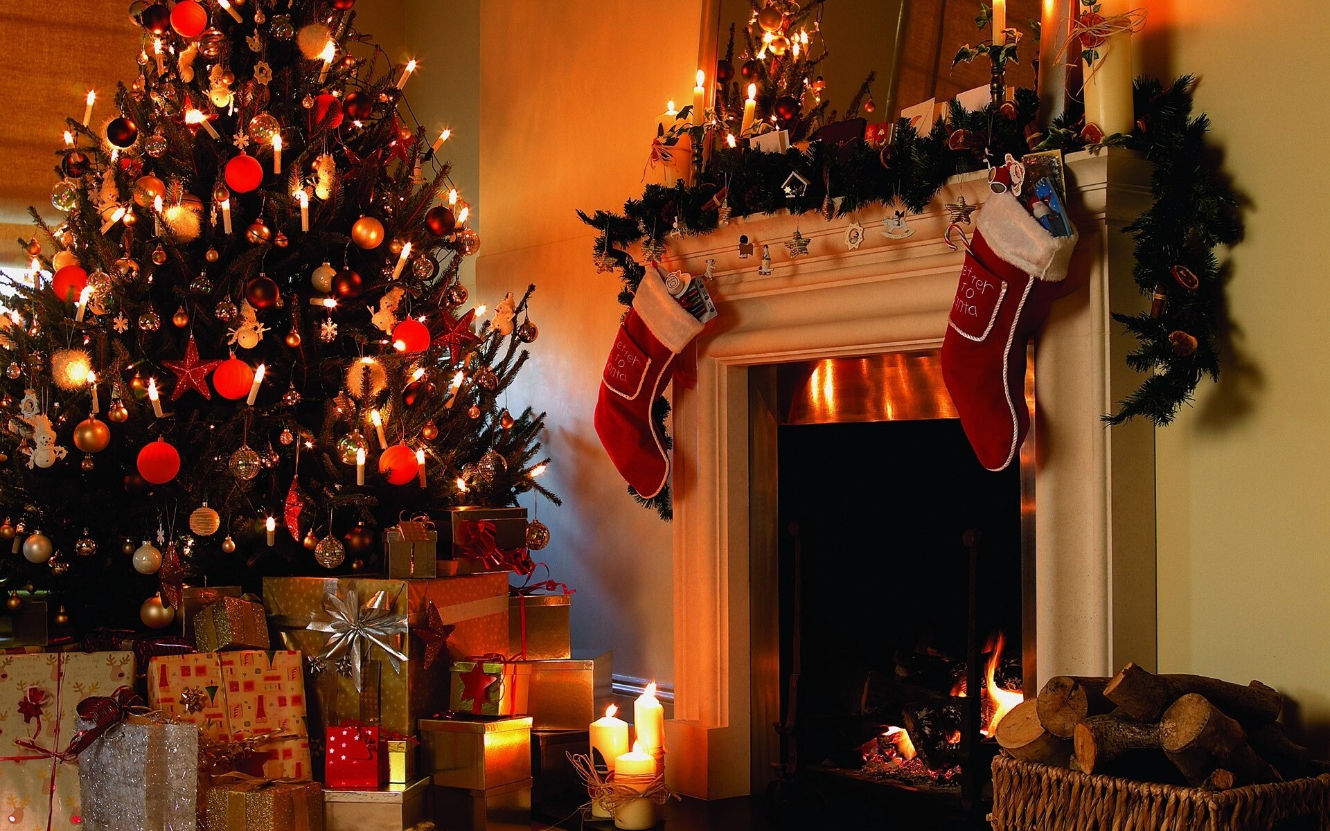 Christmas Fireplace: Decorations, Festive, Fire, Holiday season. 1920x1200 HD Wallpaper.