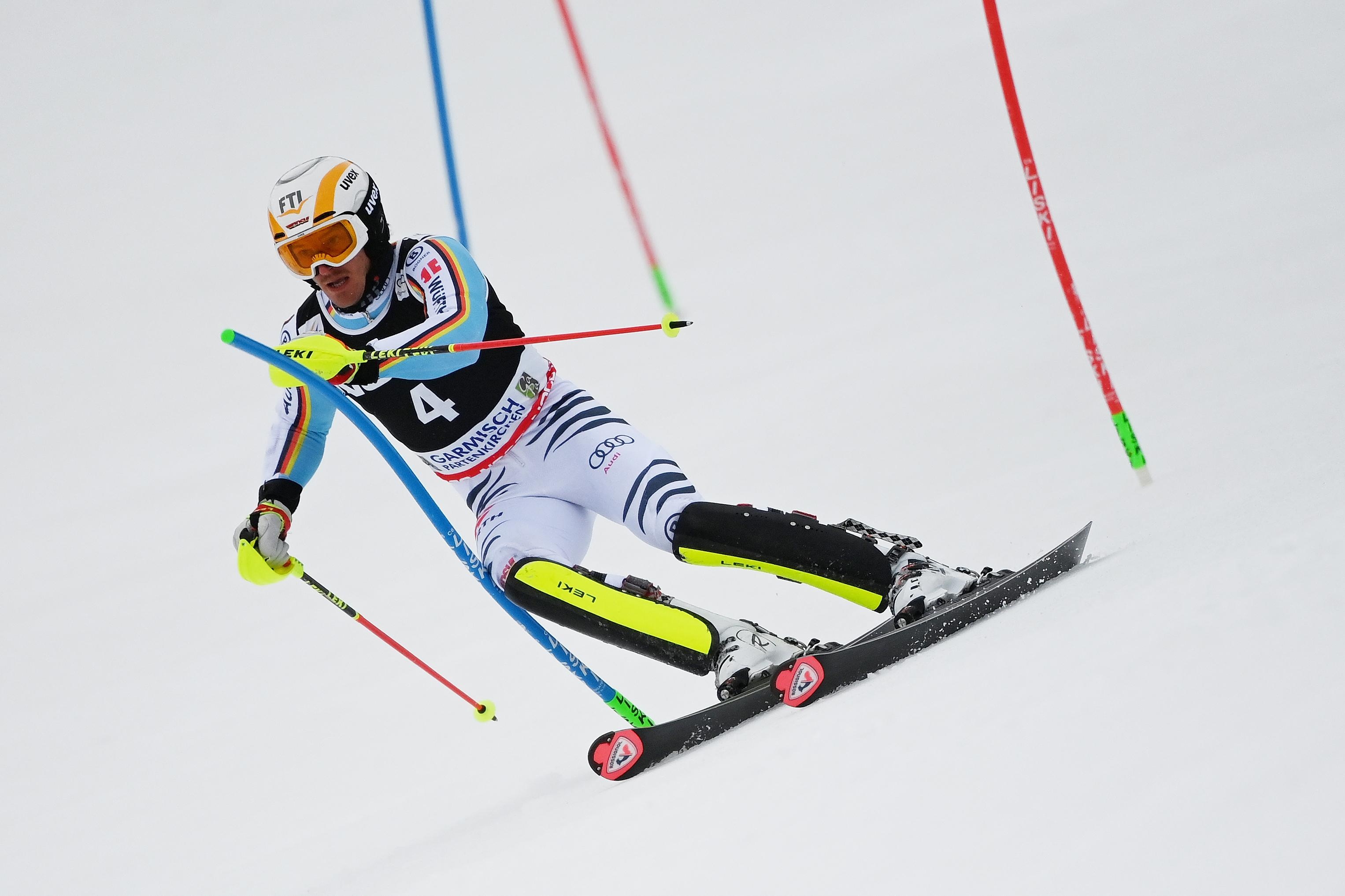 Slalom: A timed race on skis over a winding or zigzag course, Linus Shtraser, Gudiberg. 3060x2040 HD Background.