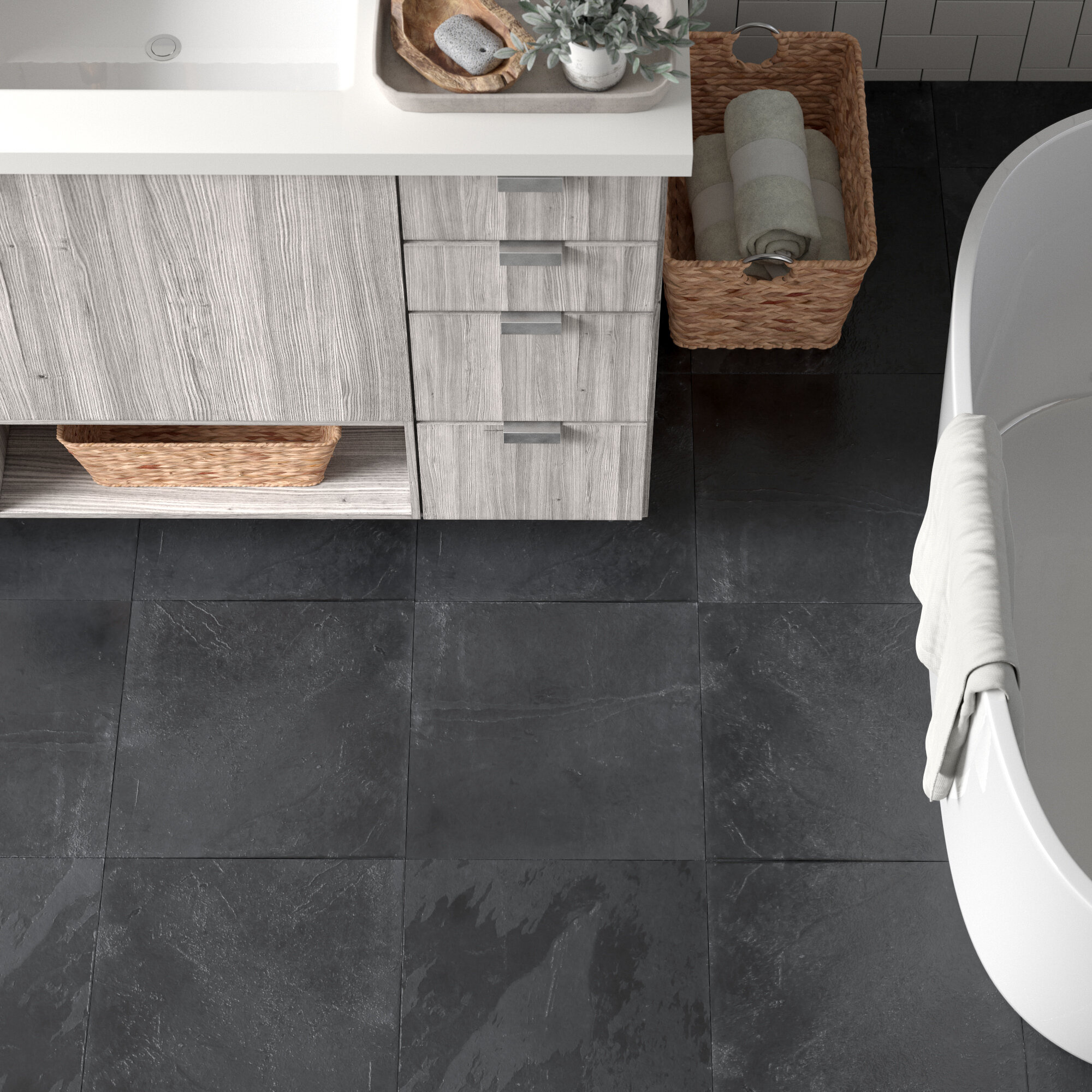Gray Slate: Montauk 16" x 16", Floor tile, Deep charcoal shades, Material for exterior, flooring, countertops, and walls. 2000x2000 HD Background.